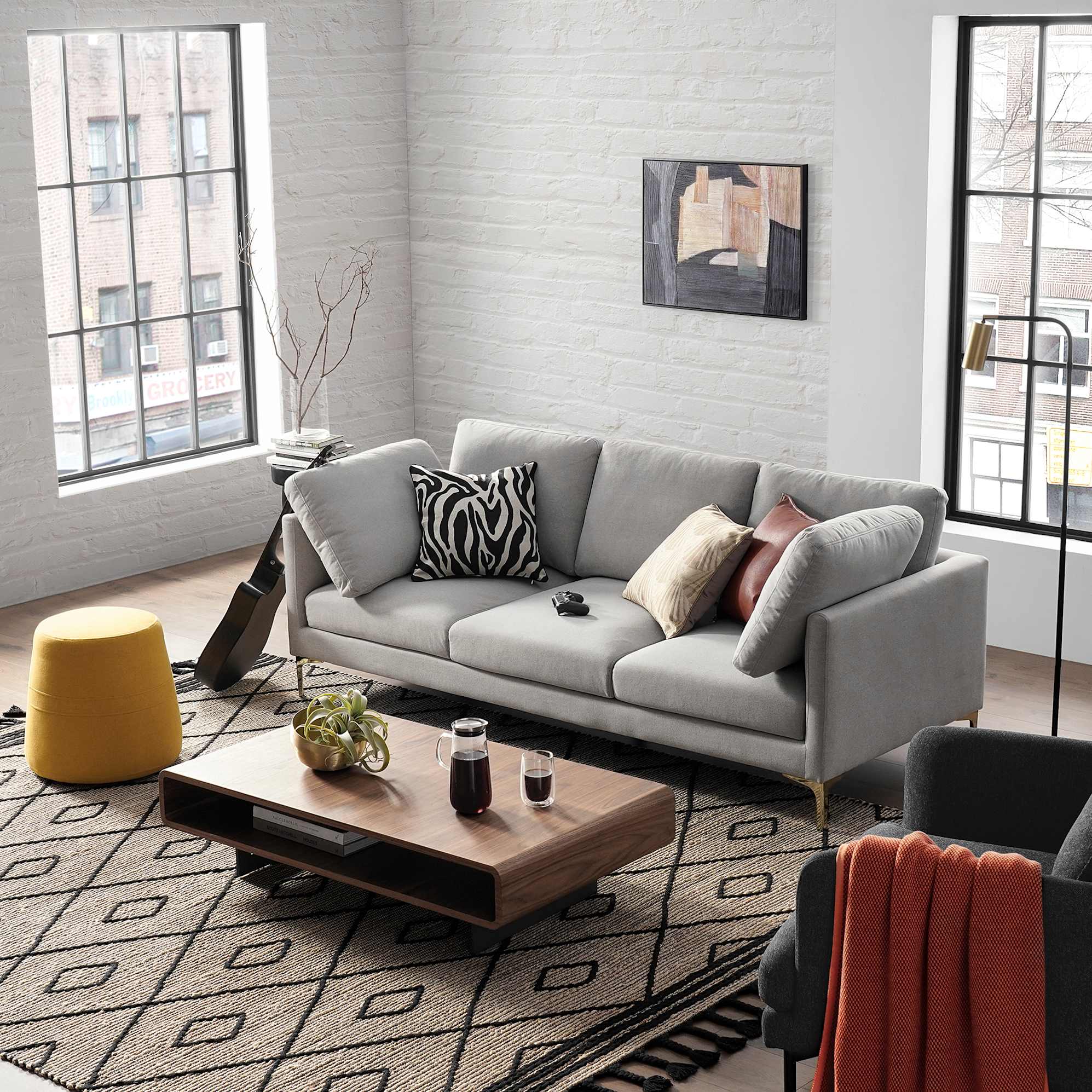 Adams 3 Seater Sofa Dove Grey, Brass Leg lifestyle