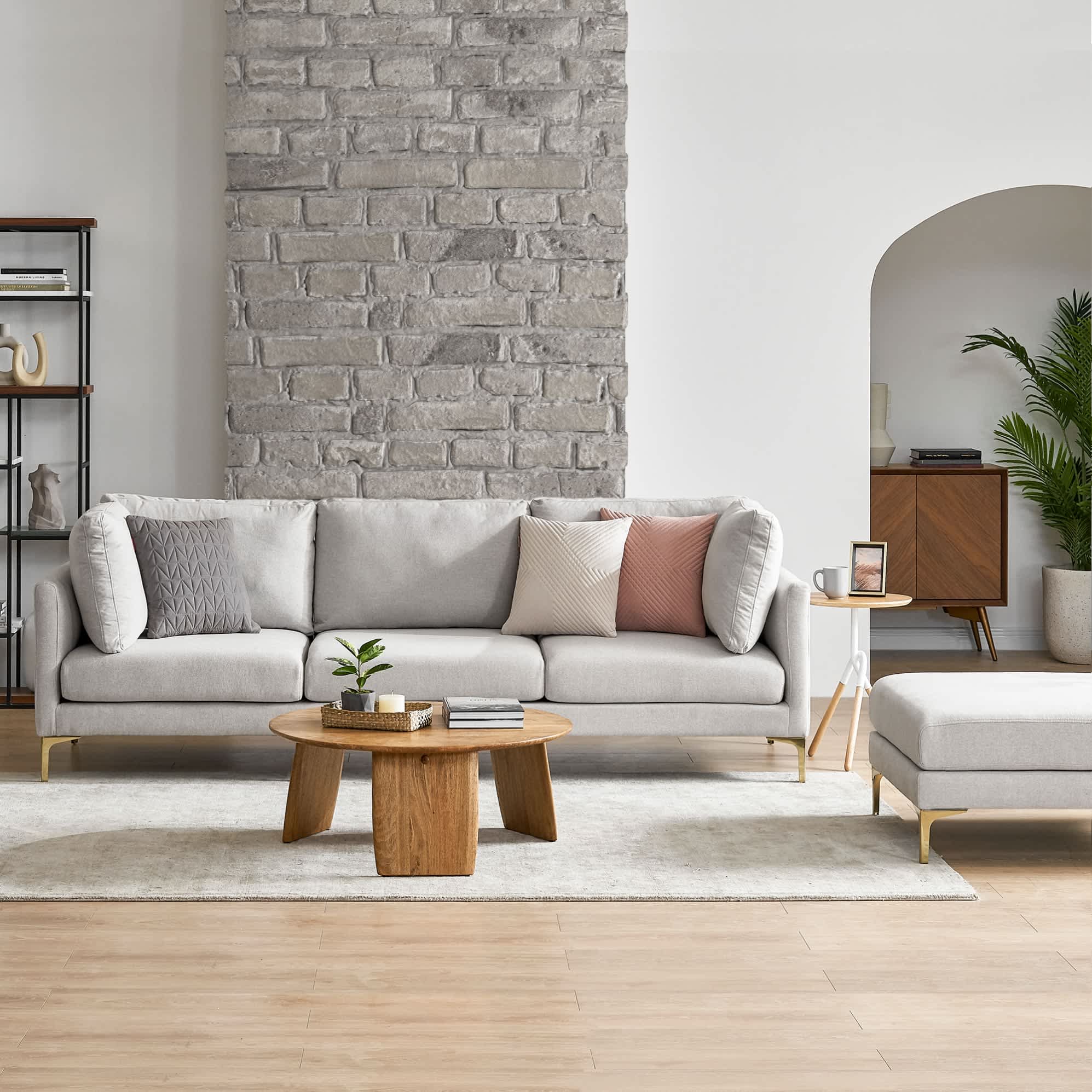 Adams 3 Seater Sofa with Ottoman Dove Grey, Brass Leg lifestyle