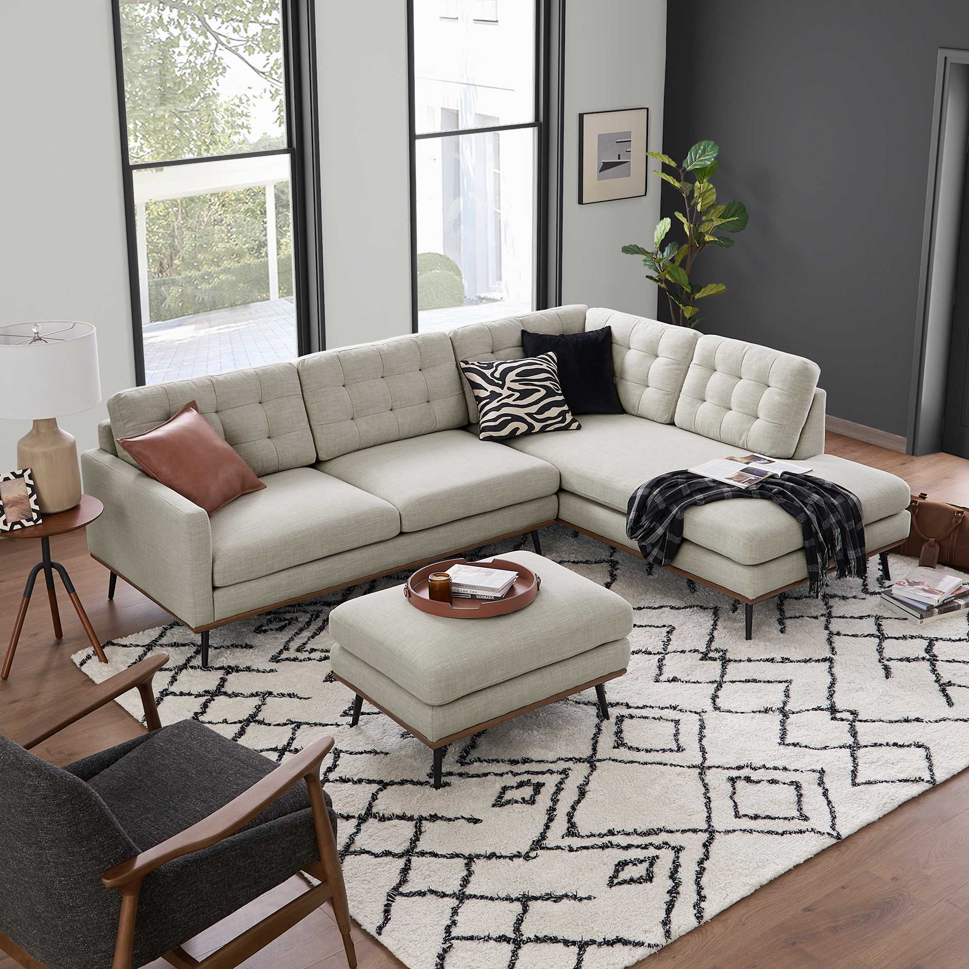 Isaac Terminal Chaise Sectional Sofa with Ottoman Right Facing, Ivory Beige lifestyle