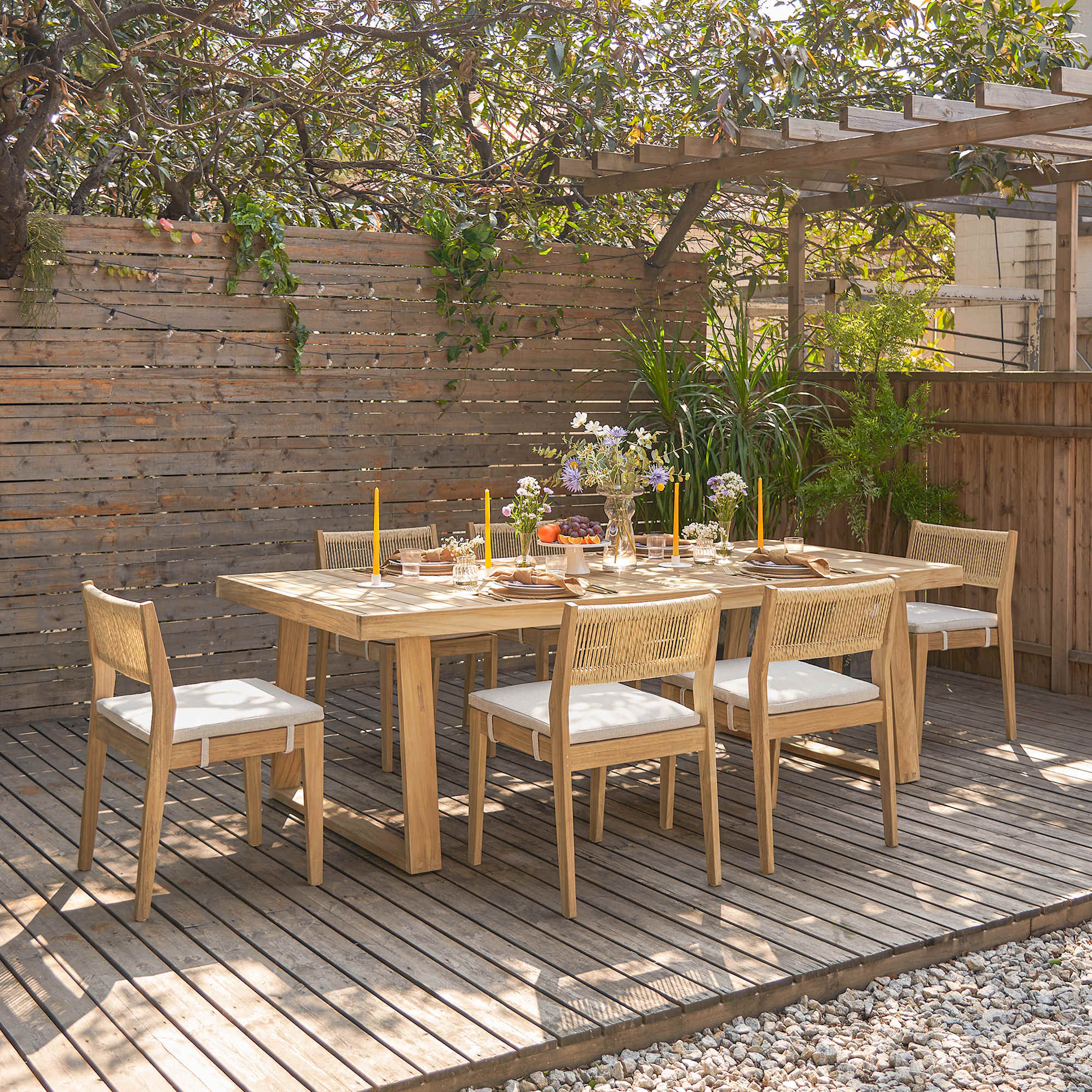 Rio Outdoor Teak Dining Chair Set of 4 with Ivory Cover, Natural Beige (Treated Version)