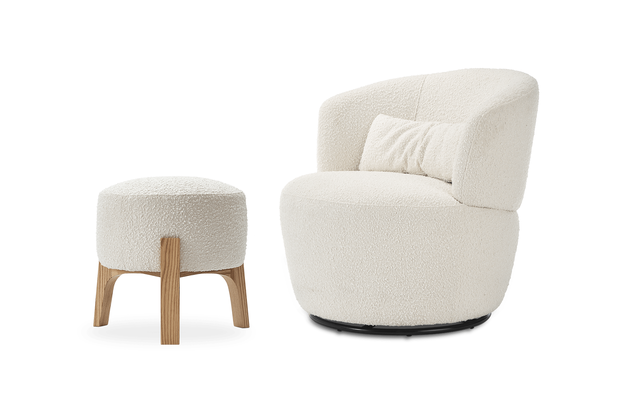 Amber Bouclé Swivel Chair with Kit Bouclé Stool, Snow Bouclé