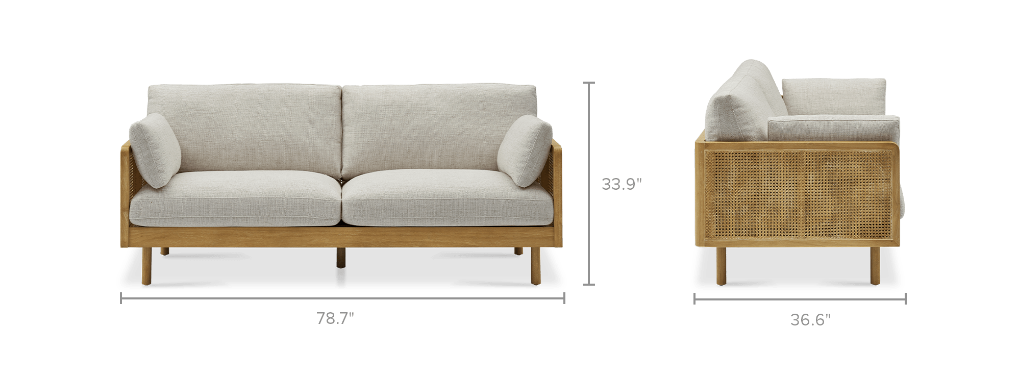 dimension of Lucia Cane Sofa, White Wash