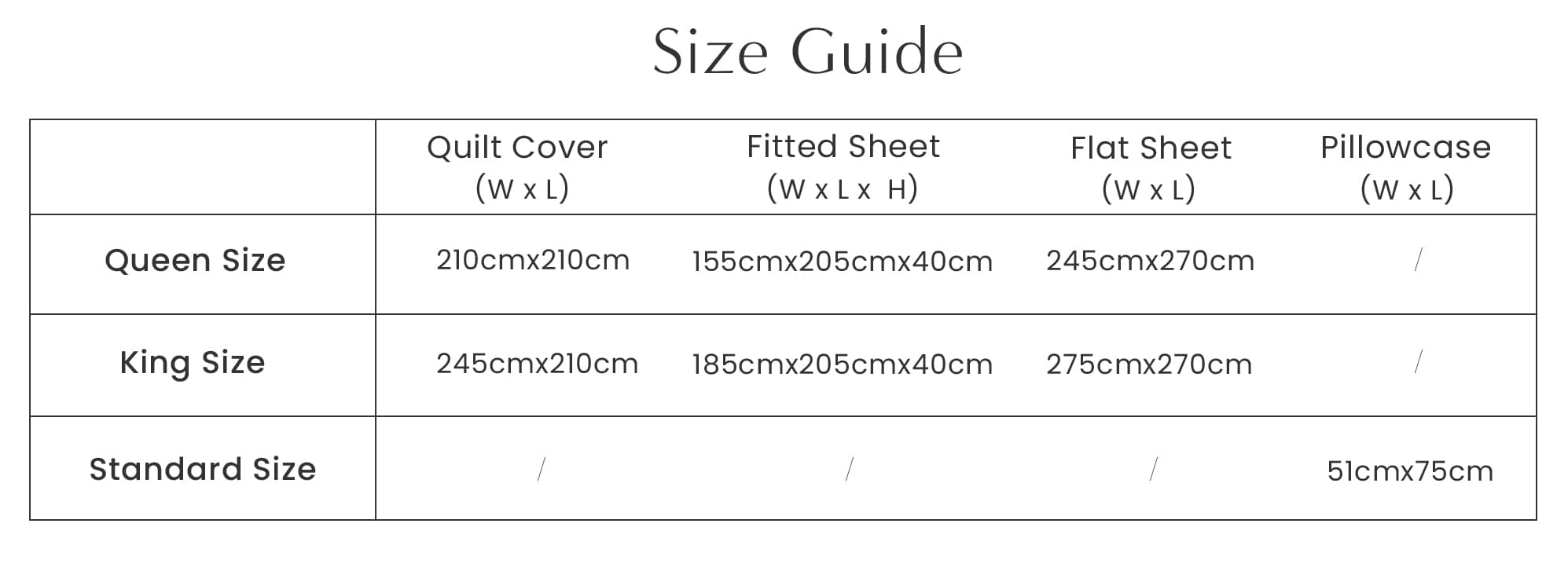 dimension of Sateen Sheet Set