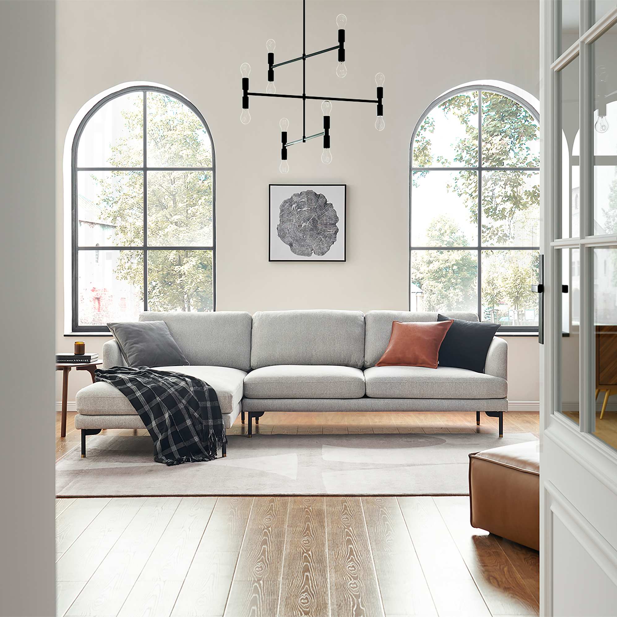 Pebble Chaise Sectional Sofa Left Facing, Ivory White lifestyle