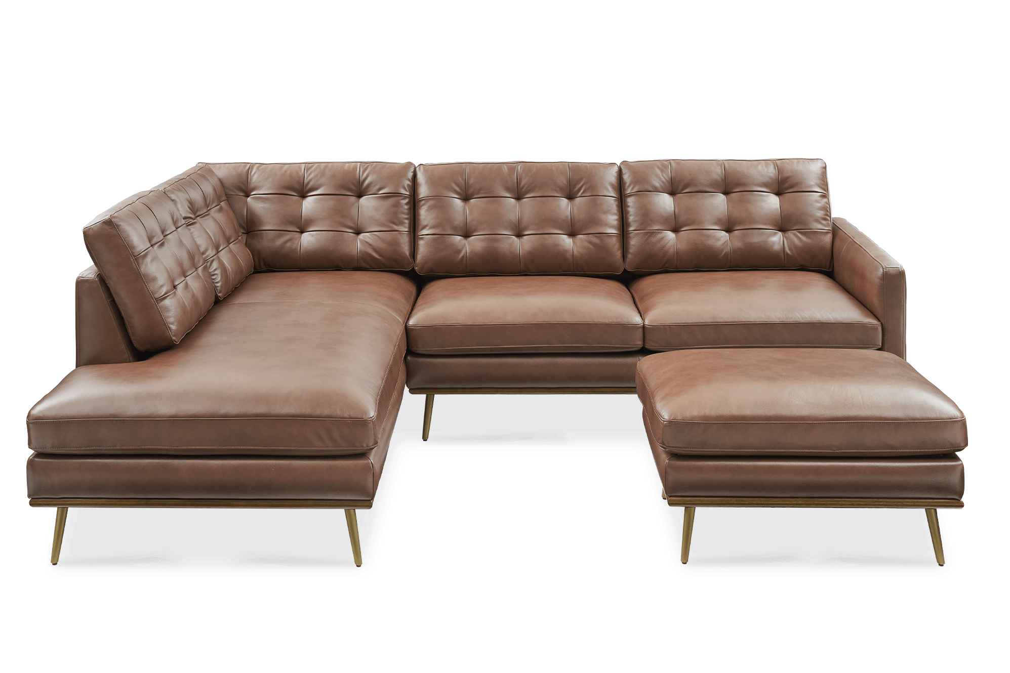 Isaac Leather Terminal Chaise Sectional Sofa with Ottoman Left Facing, Cognac