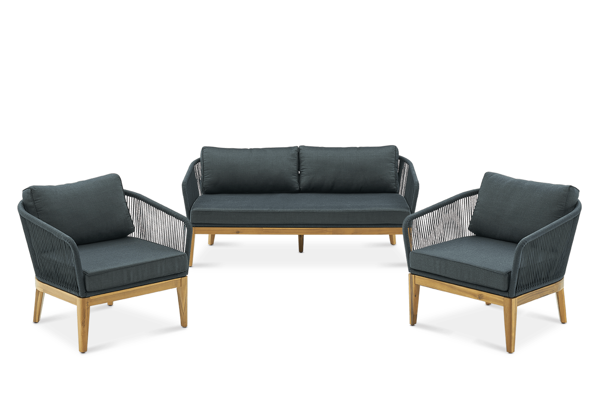 Maui Outdoor 2 Seater Sofa & 2 Lounge Chairs Set, Charcoal