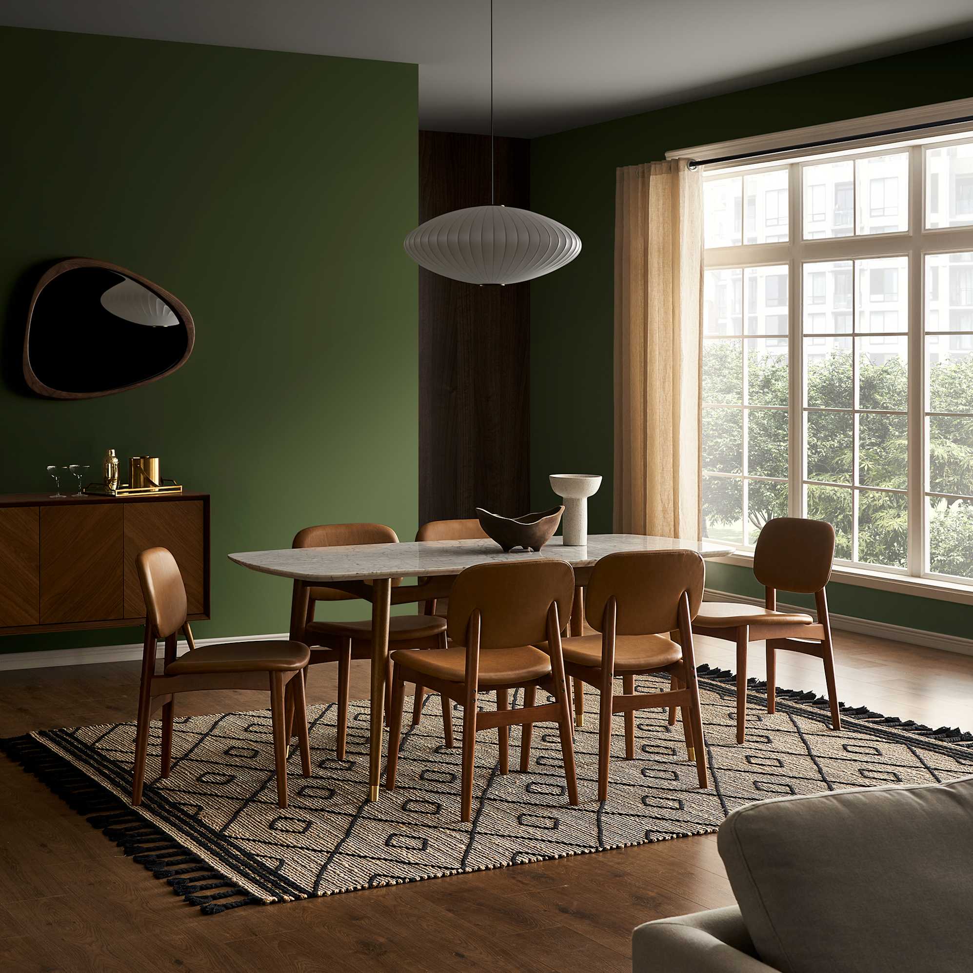 Kelsey Marble Dining Table with 4 Leather Chairs, Walnut Stain lifestyle