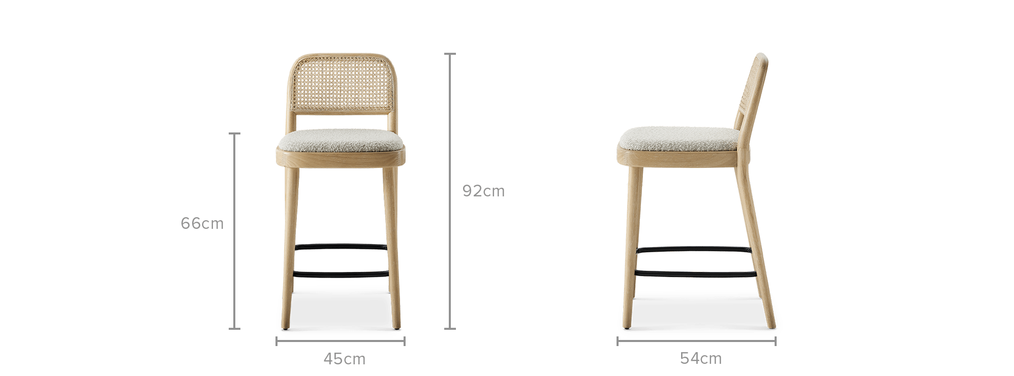 dimension of Edith Cane Counter Stool, White Wash