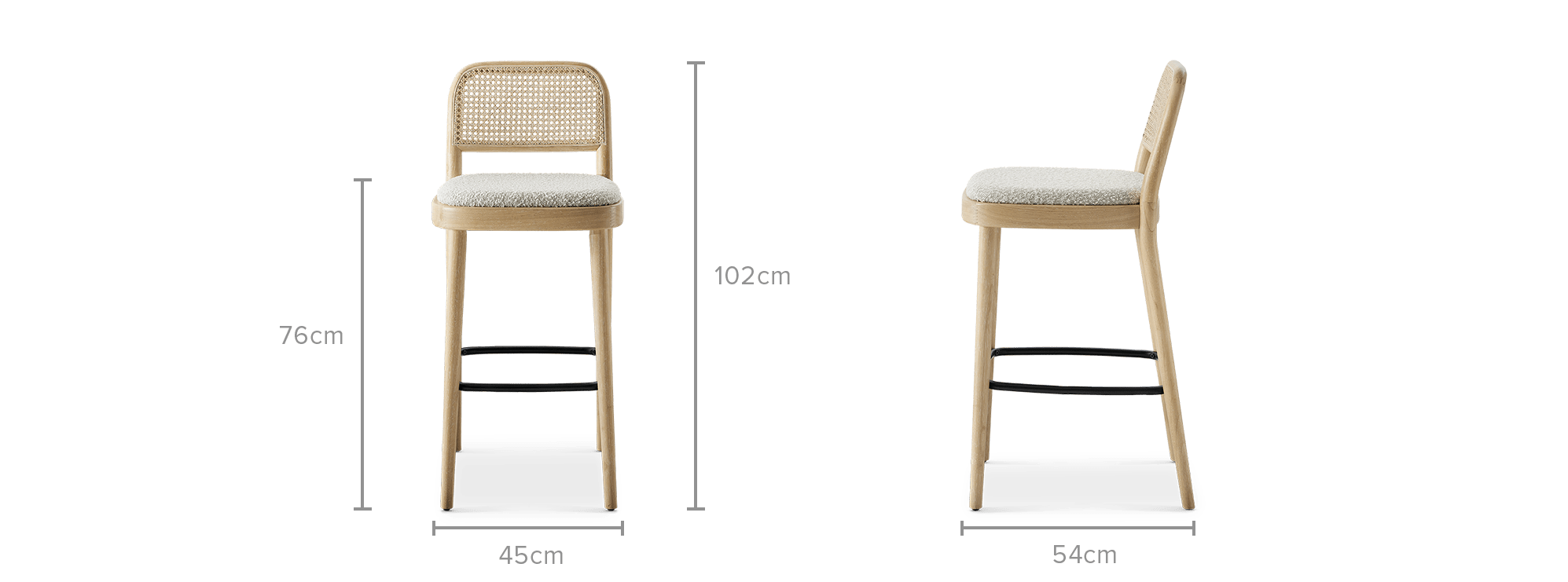 dimension of Edith Cane Bar Stool, White Wash