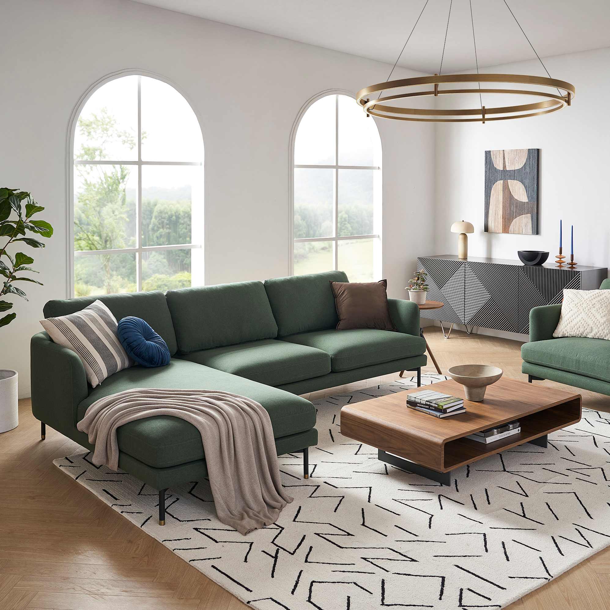 Pebble Chaise Sectional Sofa Left Facing with Ottoman, Forest Green lifestyle