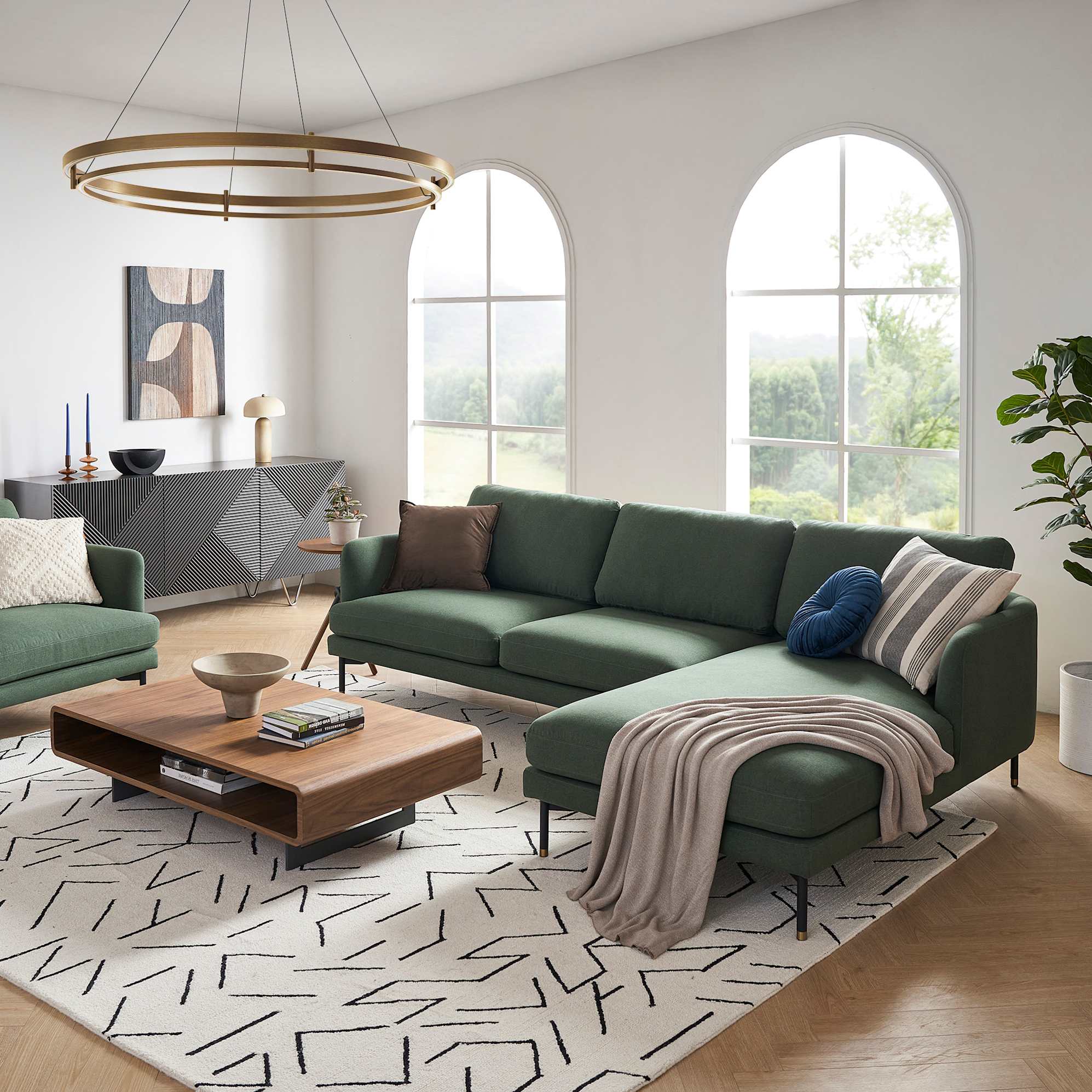 Pebble Chaise Sofa Right Facing with Ottoman, Forest Green lifestyle