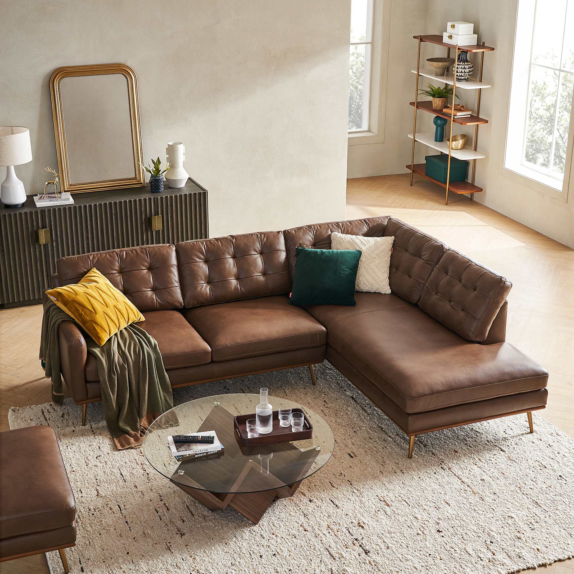 Isaac Leather Terminal Chaise Sofa with Ottoman 3