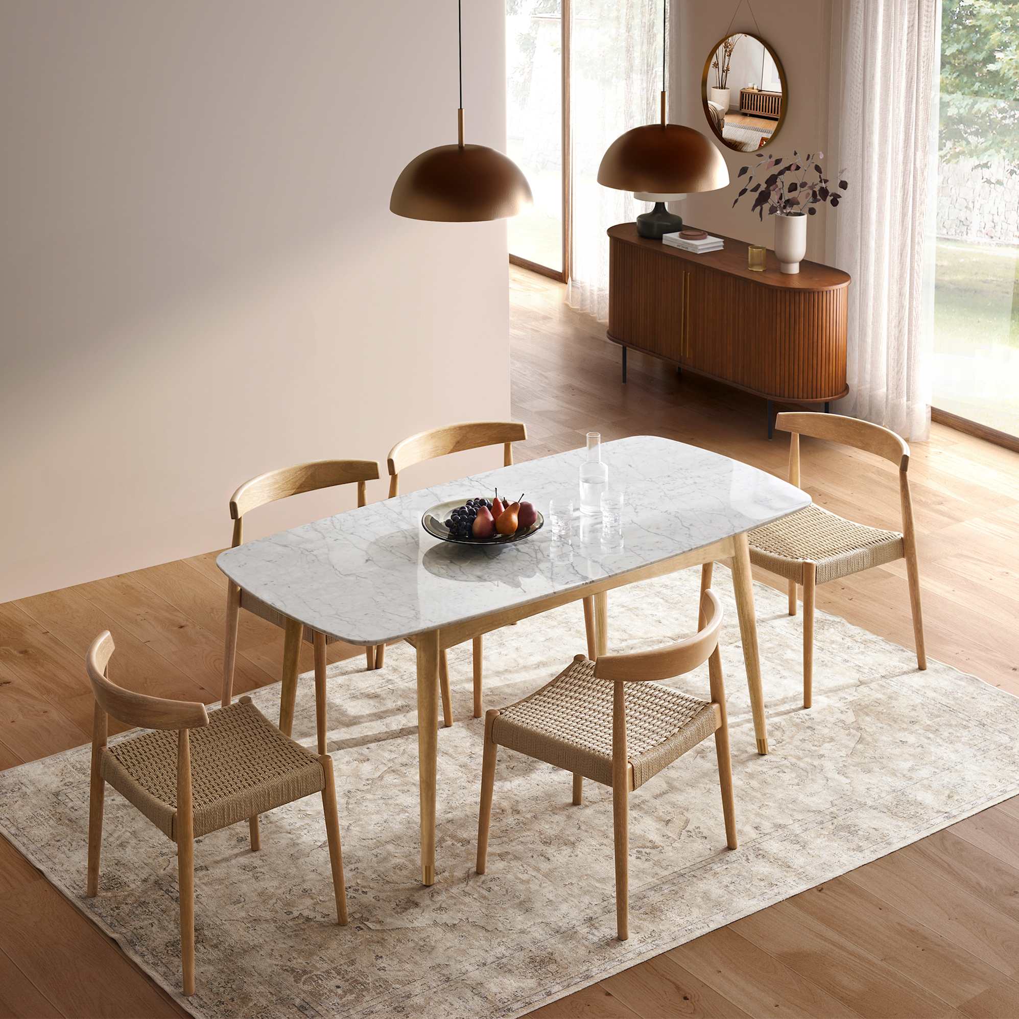 Kelsey Marble Dining Table 63" and 4 Austen Chairs, White Wash lifestyle
