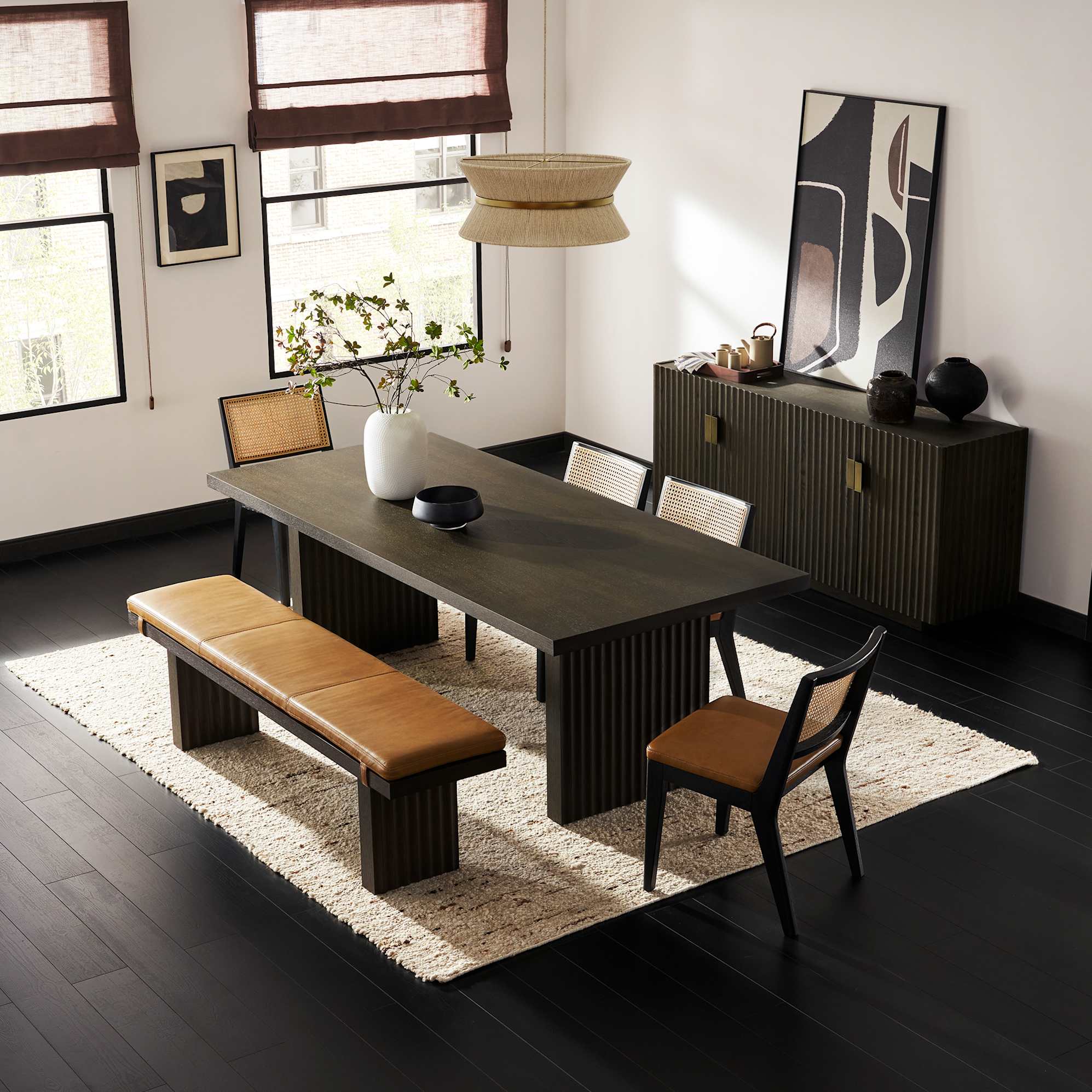 Sloane Dining Table 180cm with Bench 150cm and 4 Leather Chairs lifestyle