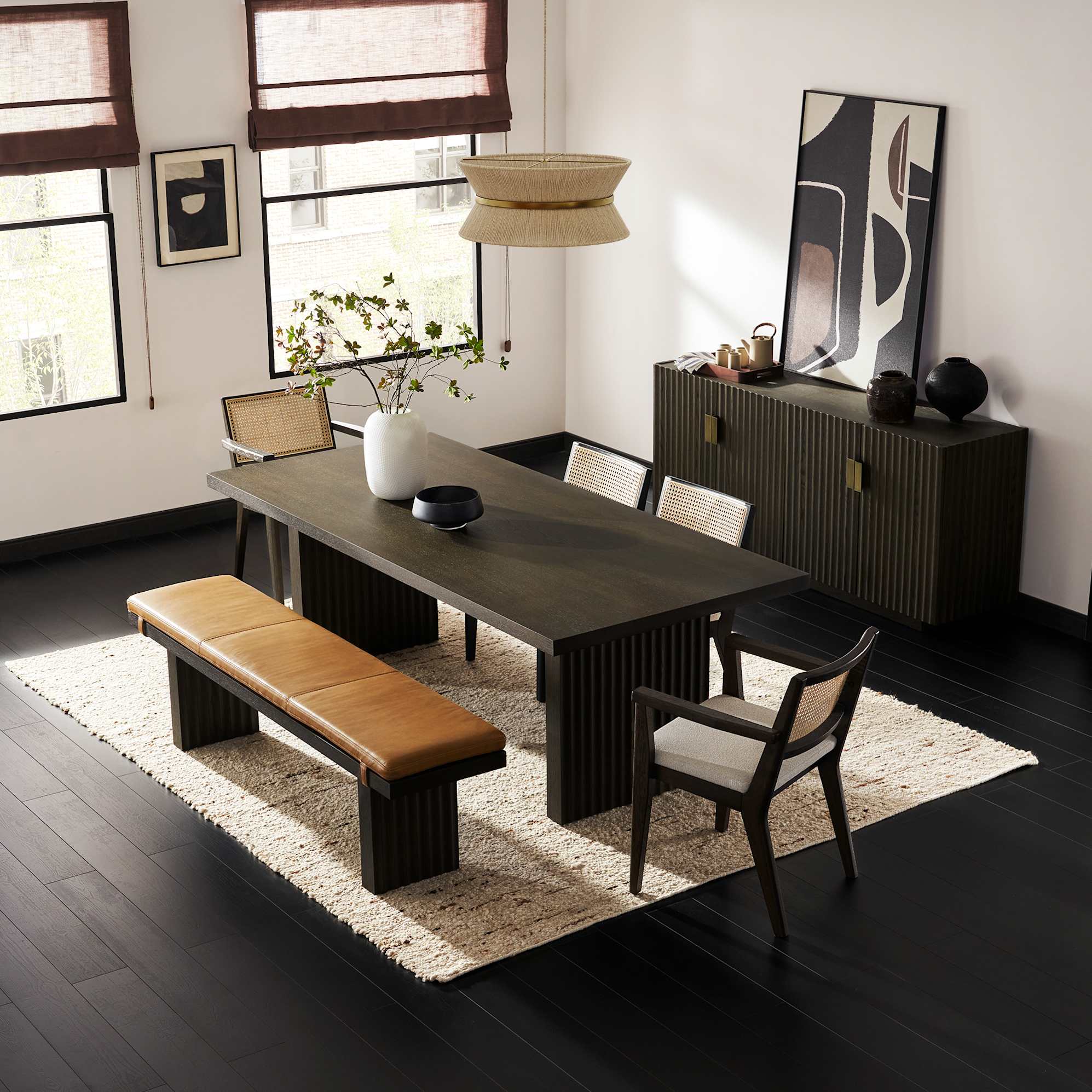 Sloane Dining Table 70.9" with Bench 59" and 4 Fabric Arm Chairs lifestyle