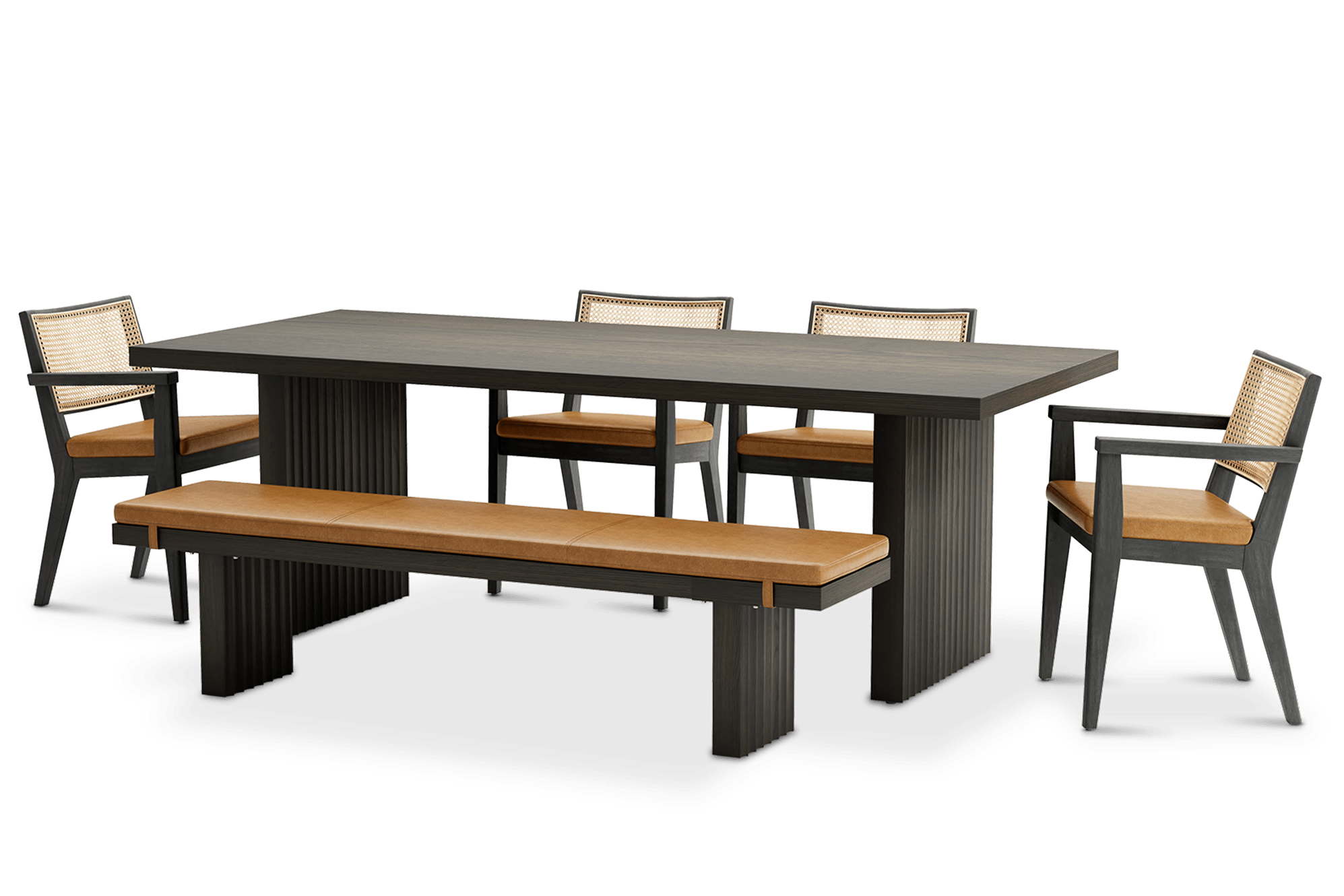 Sloane Dining Table 225cm with Bench 180cm and 4 Leather Arm Chairs