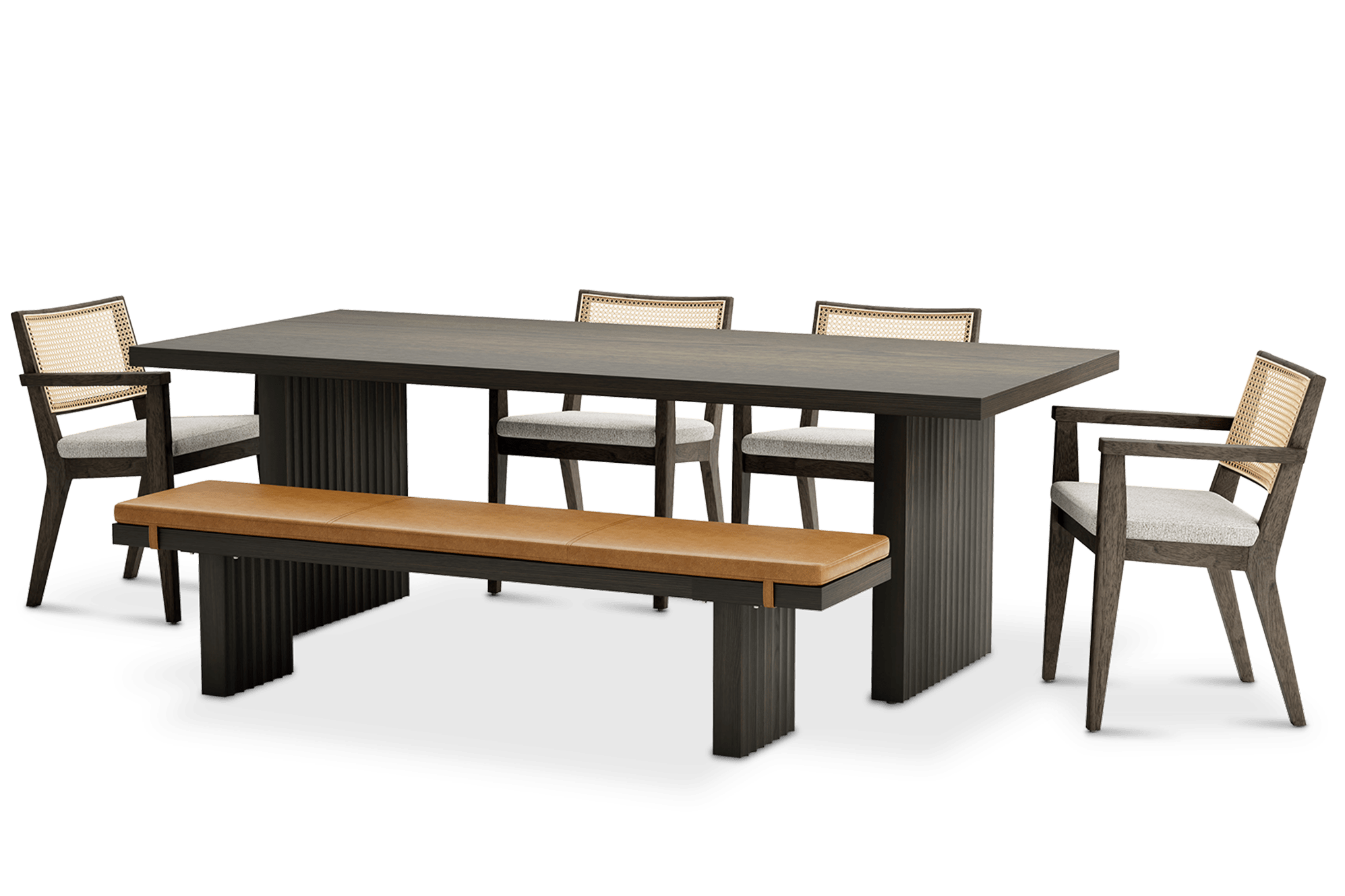 Sloane Dining Table 225cm with Bench 180cm and 4 Fabric Arm Chairs