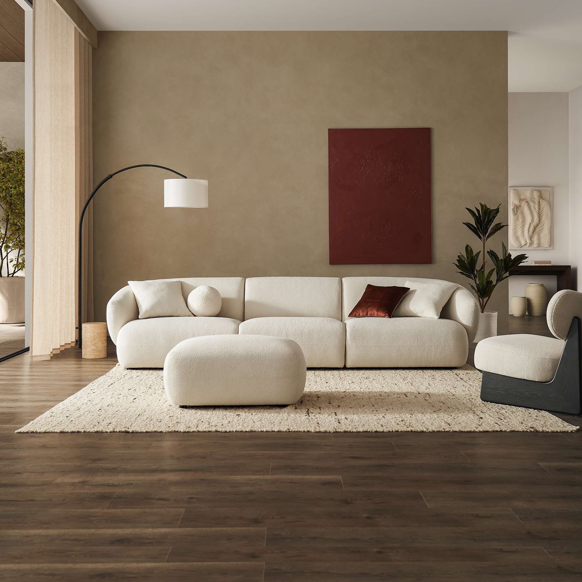 Auburn Performance Bouclé Extended Sofa with Ottoman Chalk lifestyle