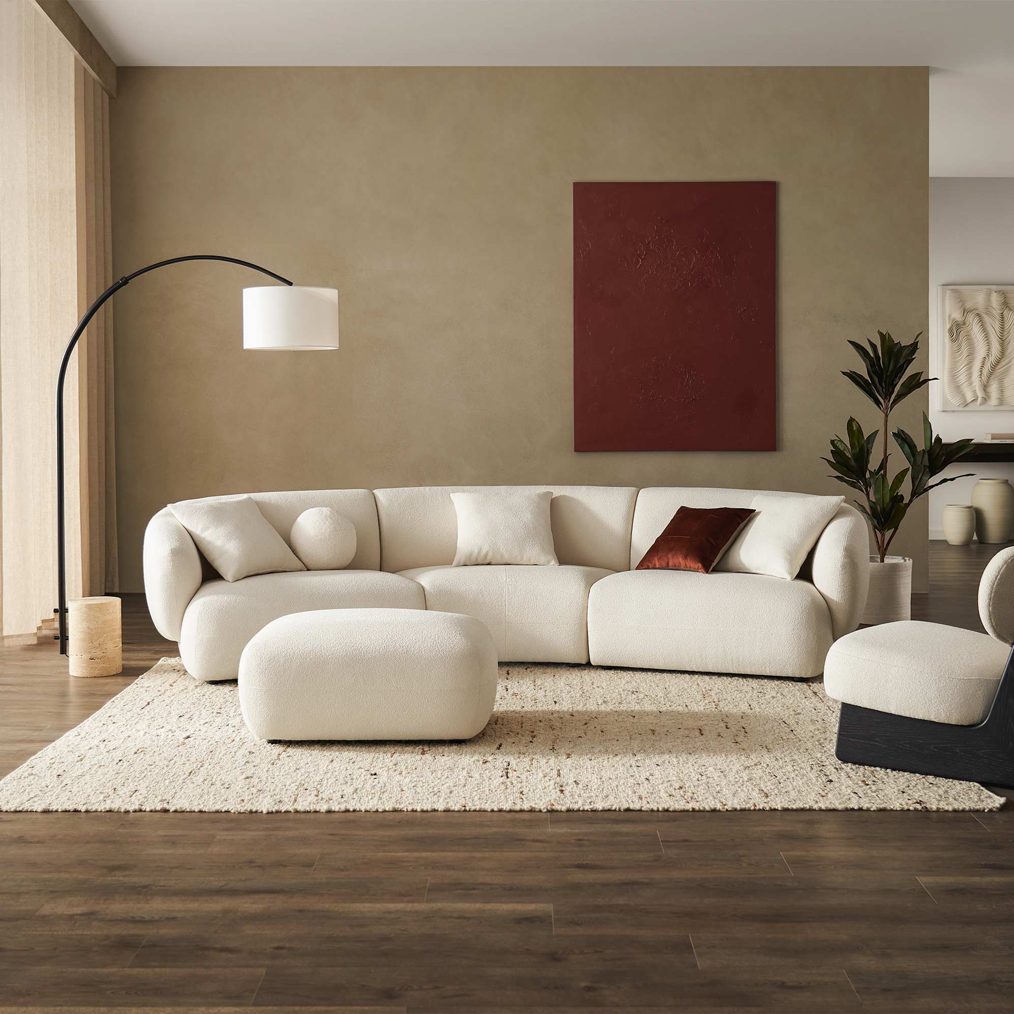 Auburn Performance Bouclé Curve 3 Seater Sofa with Ottoman, Chalk lifestyle