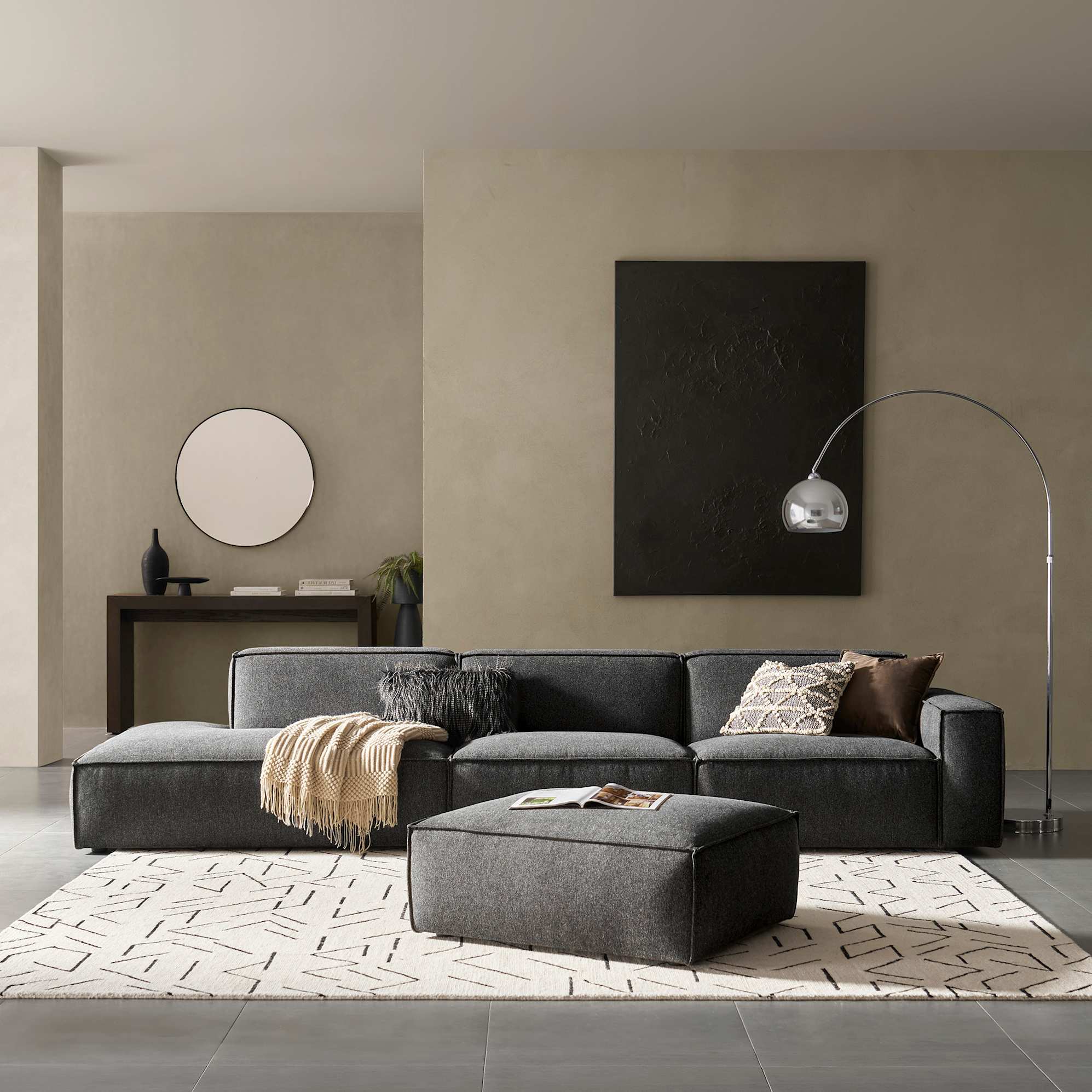 Jonathan Extended Side Chaise Sofa Left Facing with Ottoman, Dark Granite lifestyle
