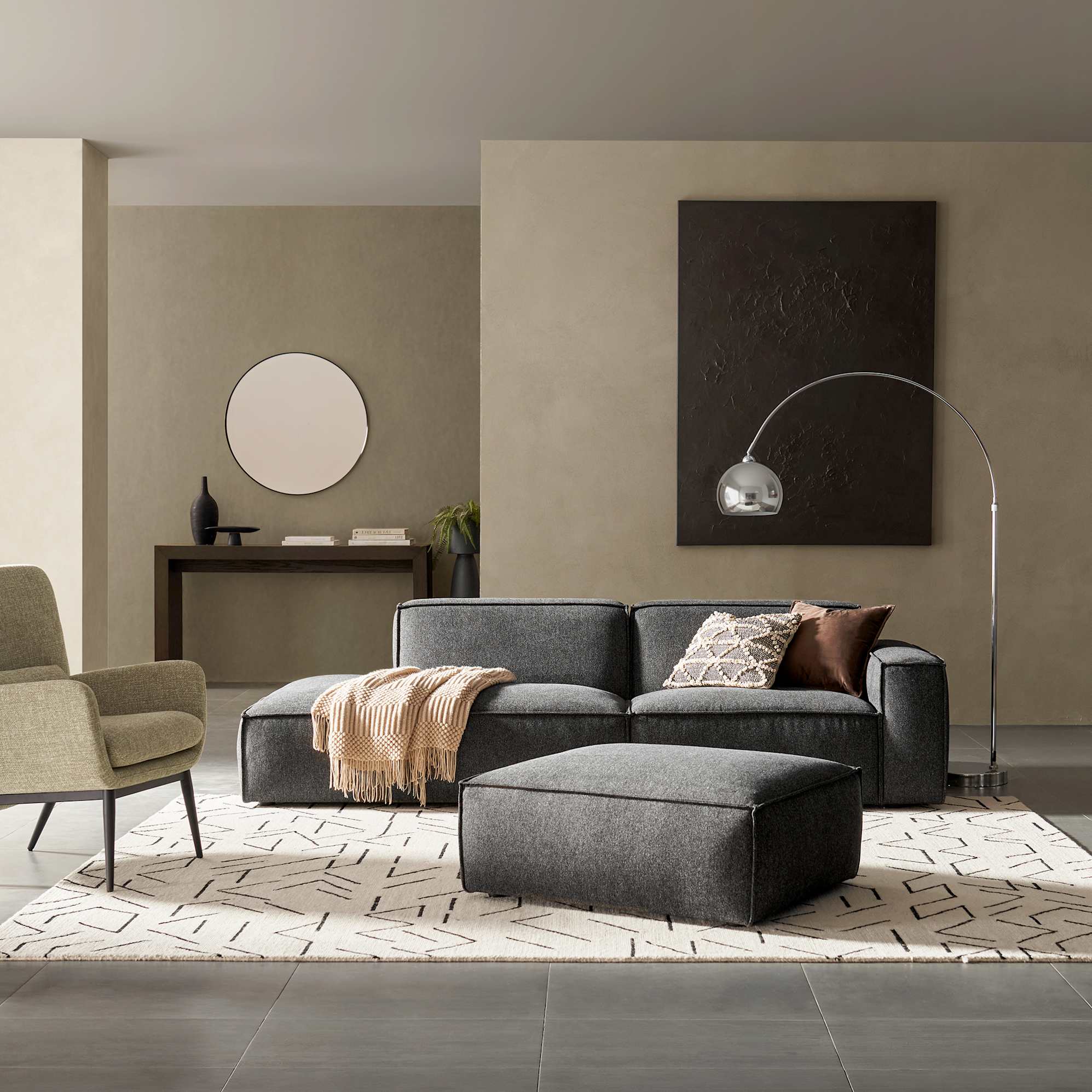 Jonathan Side Chaise Sofa Left Facing with Ottoman, Dark Granite lifestyle