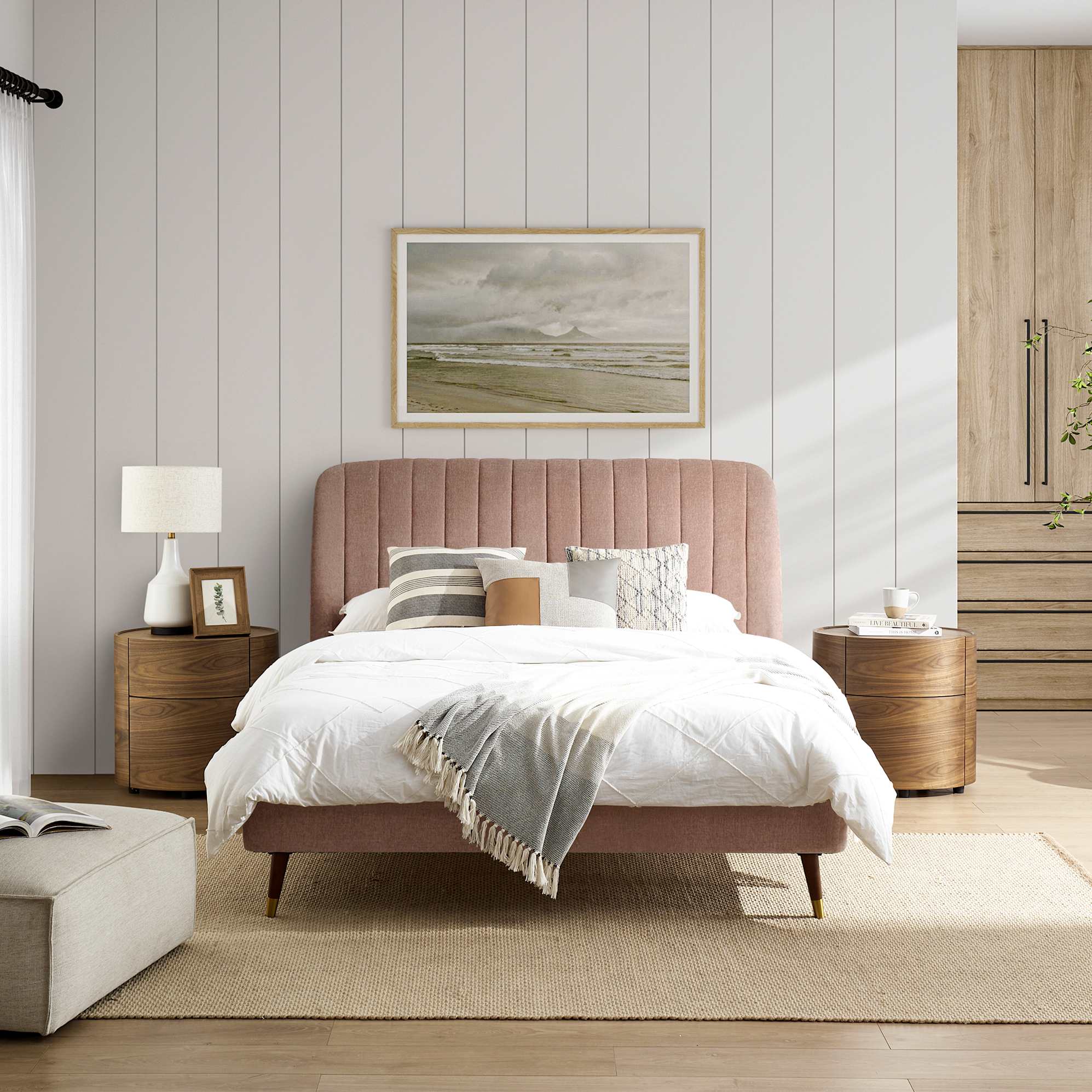 Lexi Tufted Queen Size Bed Light Blush, with Single Mika Side Table Set lifestyle
