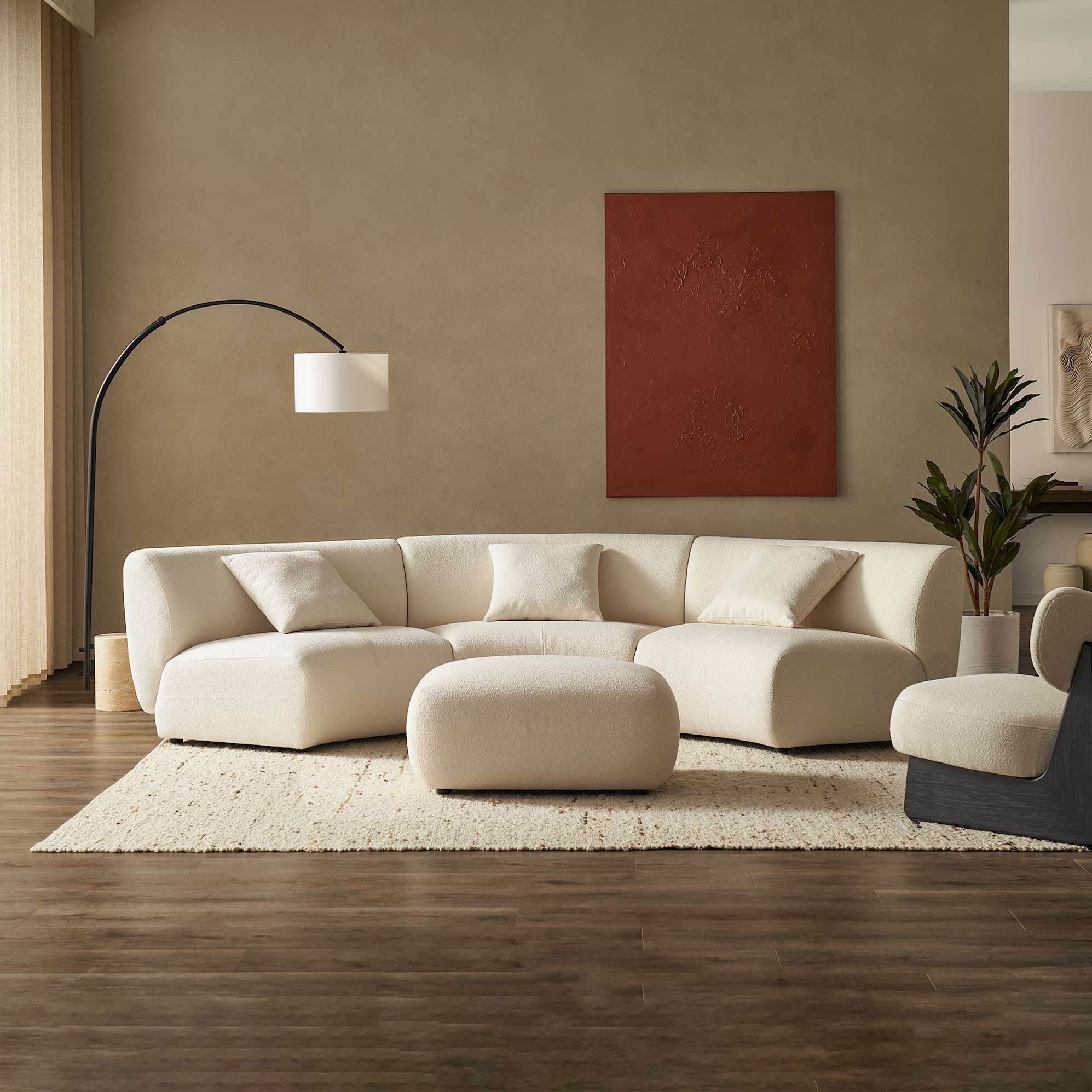 Auburn Performance Bouclé Armless Curve 3 Seater Sofa with Ottoman, Chalk lifestyle