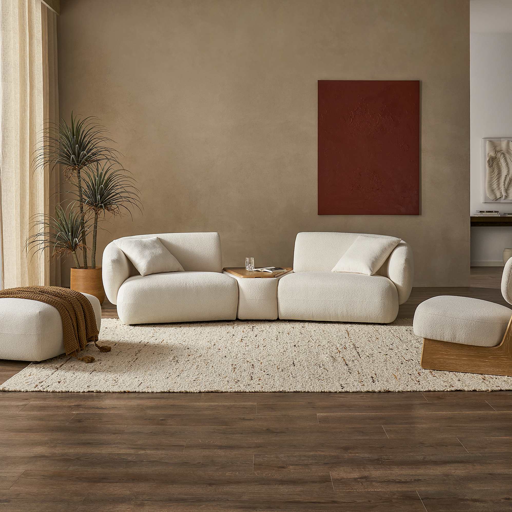 Auburn 3 Seater with Ottoman & Wedge Storage Console White Wash, Performance Chalk Bouclé lifestyle