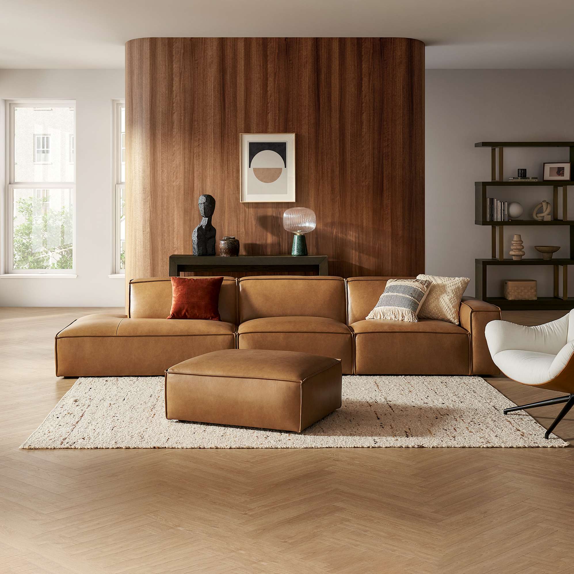 Jonathan Leather Extended Side Chaise Sofa Left Facing with Ottoman, Caramel lifestyle