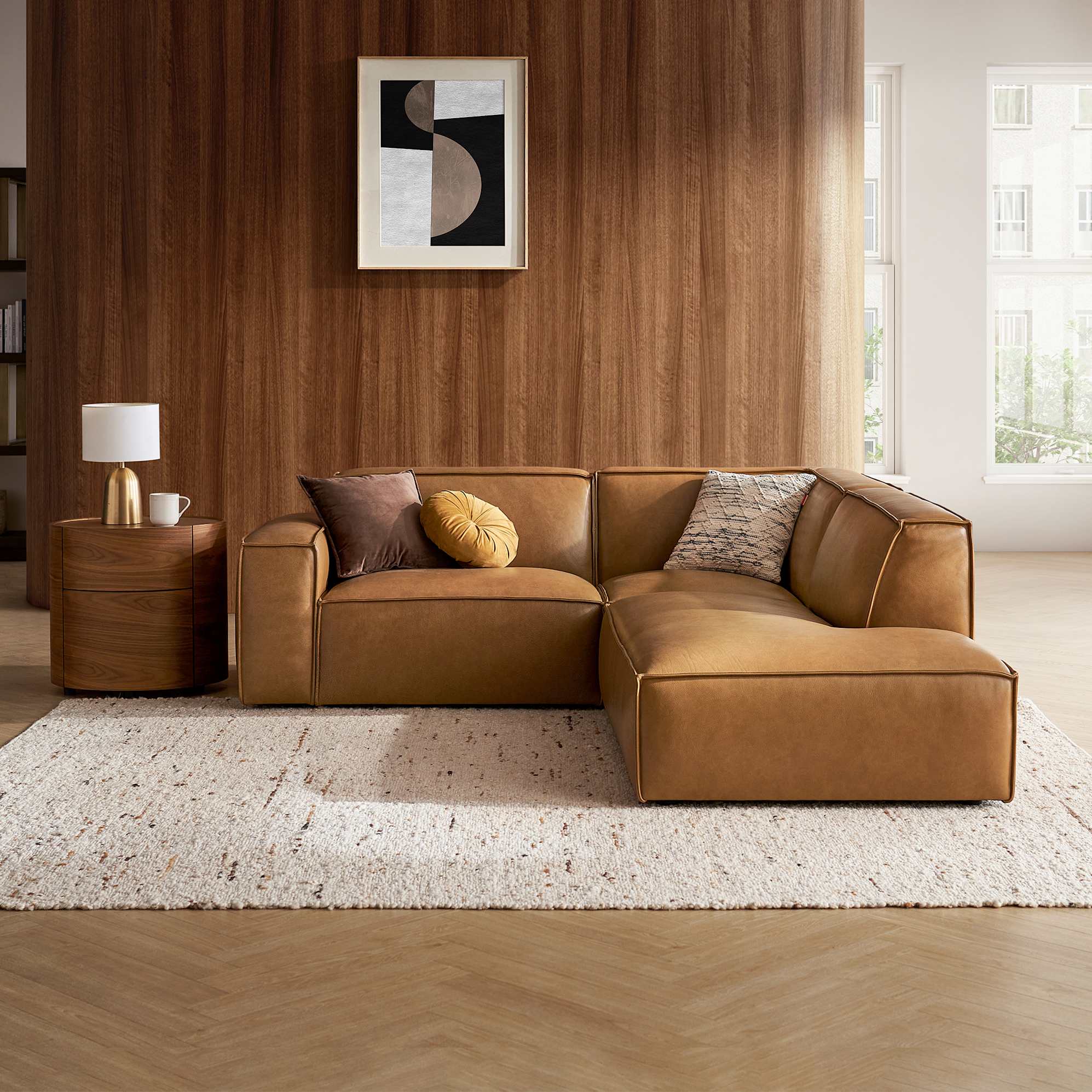 Jonathan Leather Side Chaise Sectional Right Facing, Caramel lifestyle
