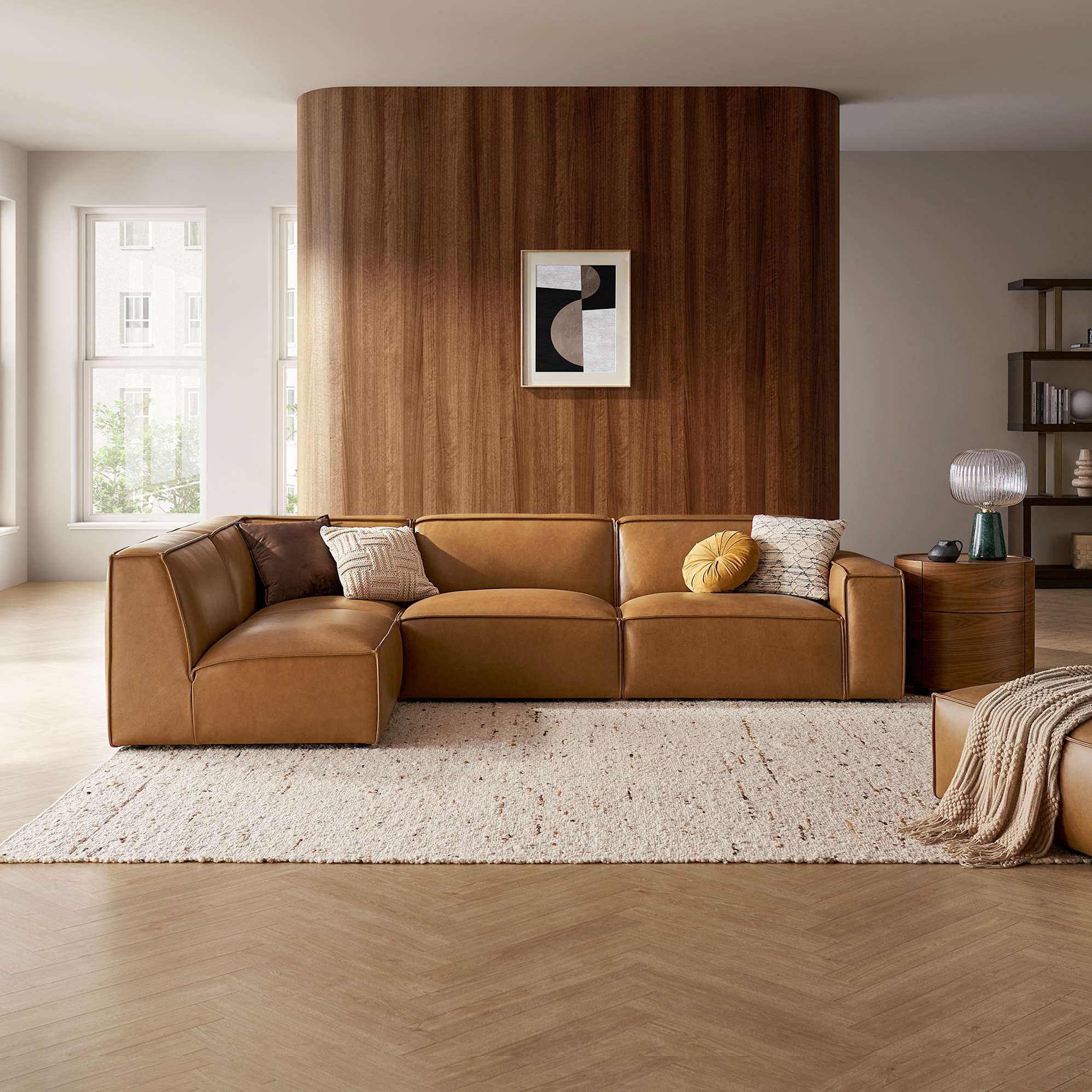 Jonathan Leather Chaise Sectional Sofa Left Facing, Caramel lifestyle