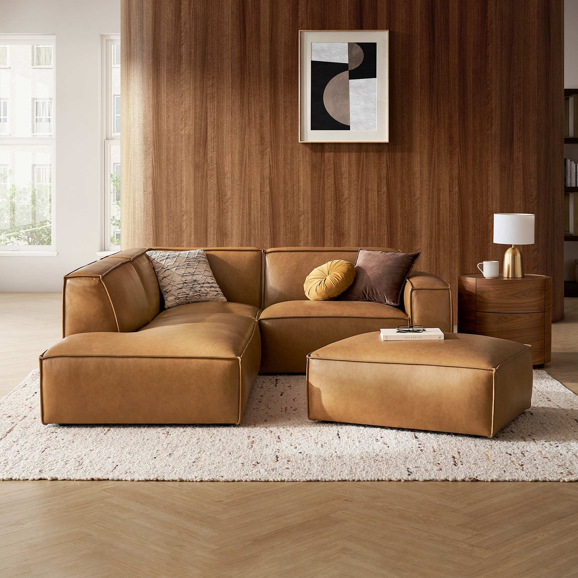 Jonathan Leather Side Chaise Sectional Left Facing with Ottoman, Caramel lifestyle