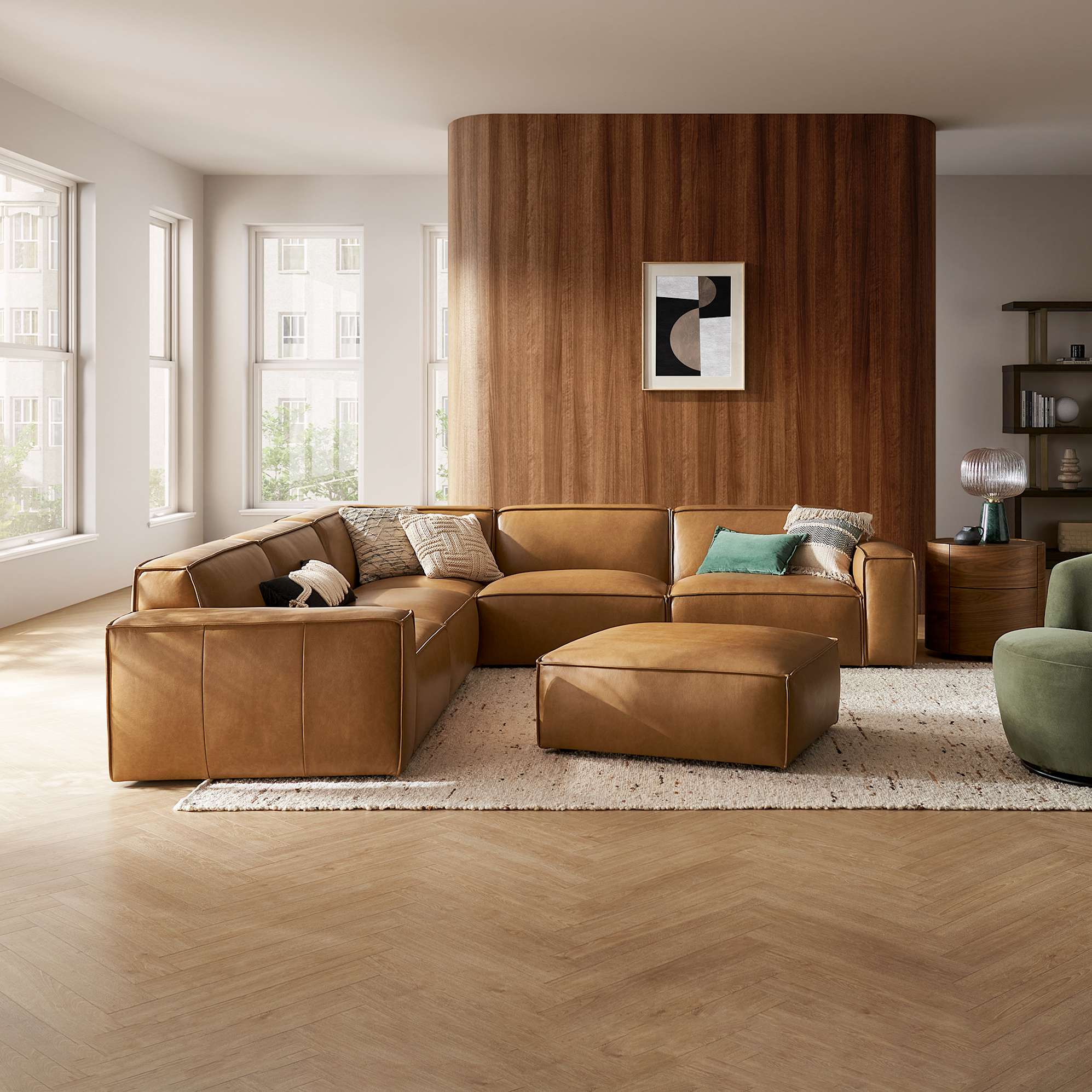 Jonathan Leather L-Shape Sectional Sofa with Ottoman, Caramel lifestyle