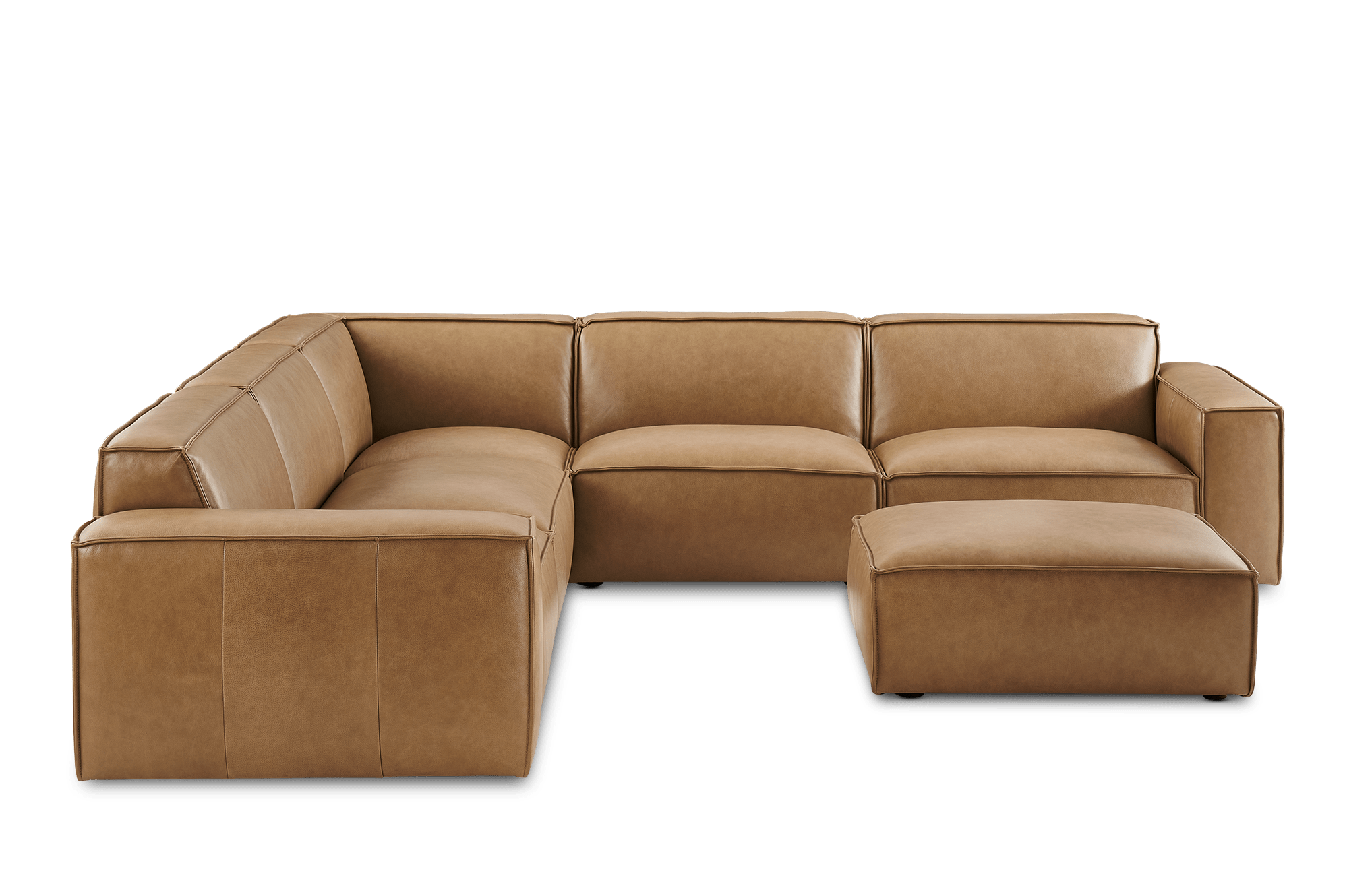Jonathan Leather L-Shape Sectional Sofa with Ottoman, Caramel