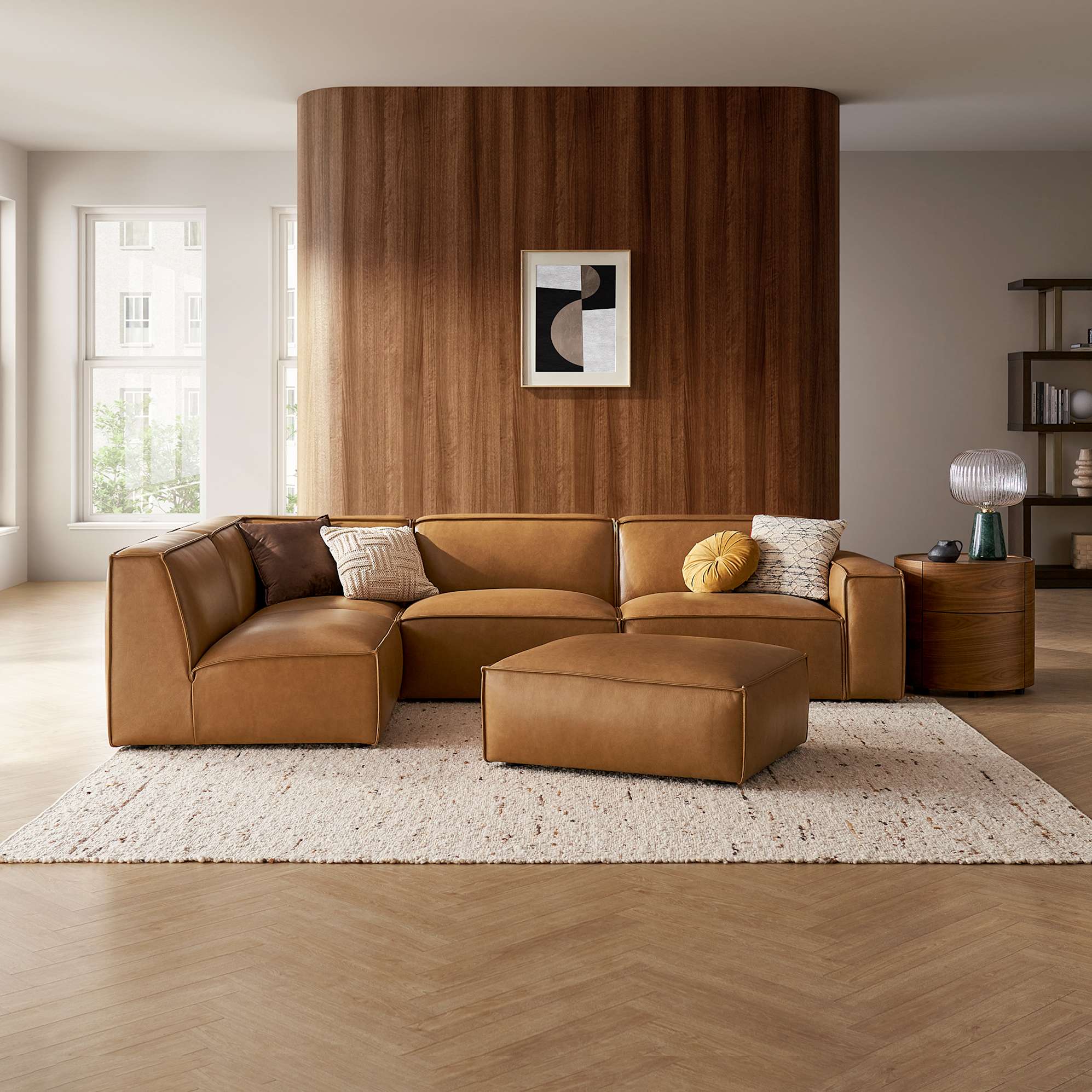 Jonathan Leather Chaise Sectional Sofa Left Facing with Ottoman, Caramel lifestyle