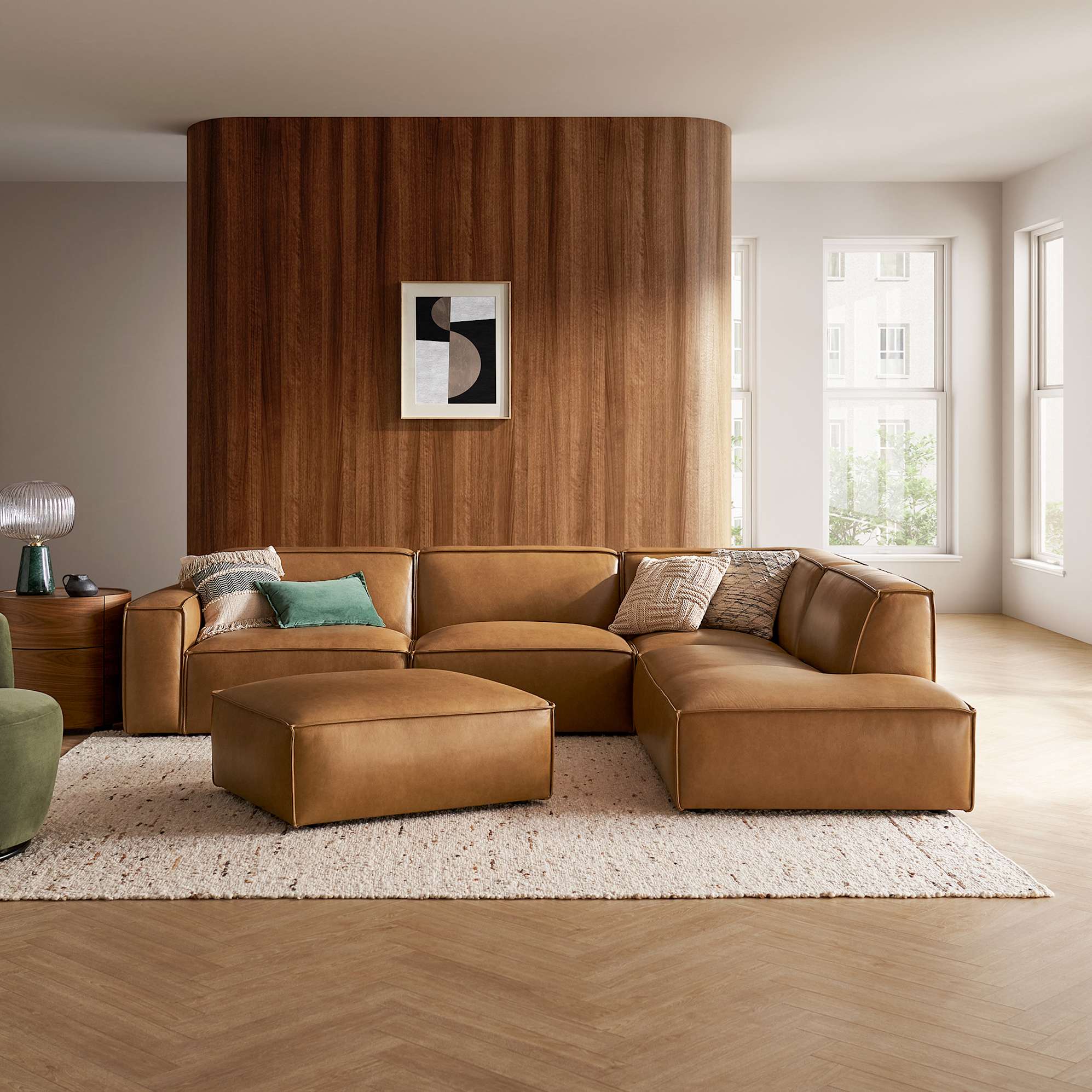 Jonathan Leather Extended Side Chaise Sectional Right Facing with Ottoman, Caramel lifestyle