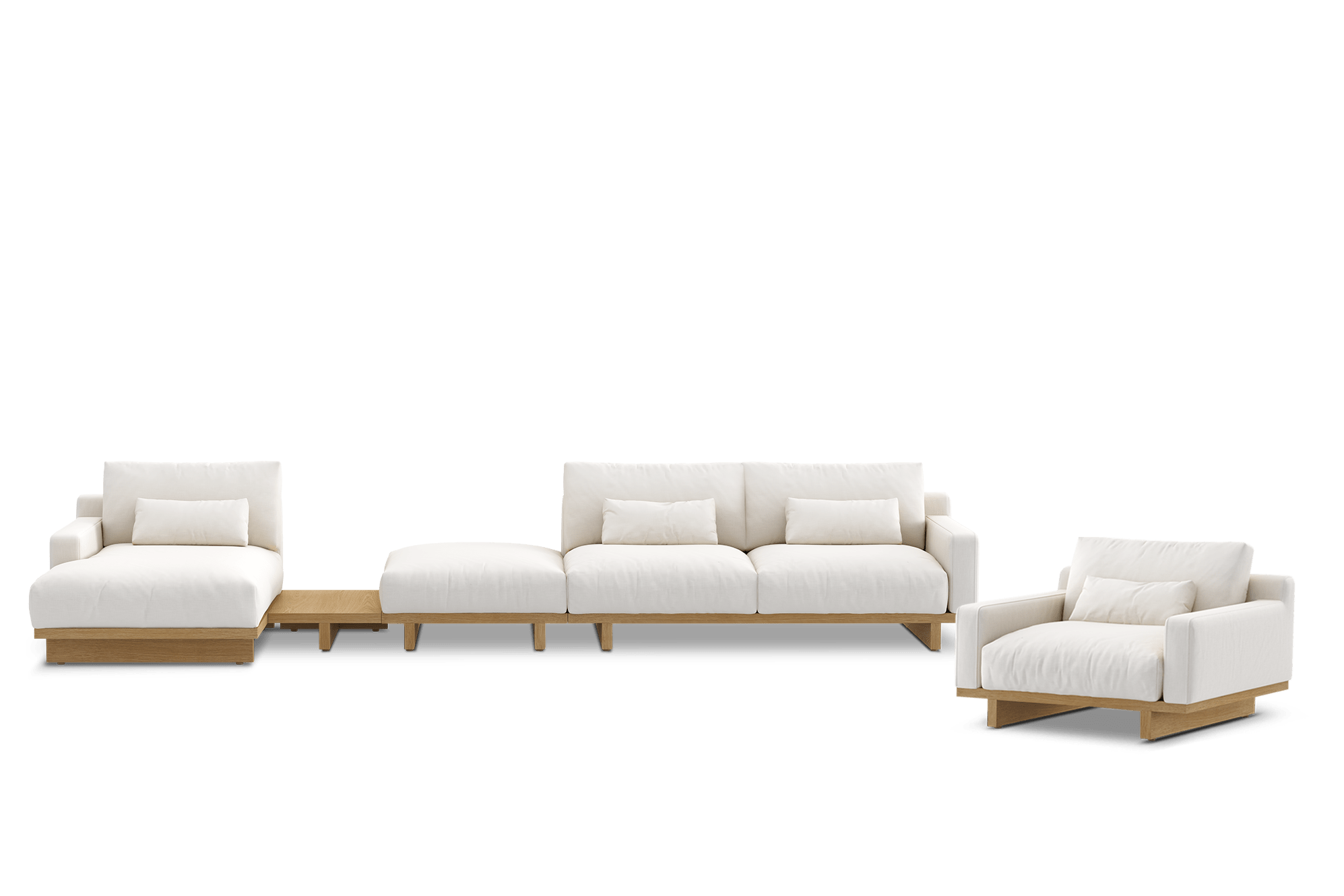 Mori Left Chaise Sectional with Side Ottoman & Armchair & Side Table, Performance Alpine