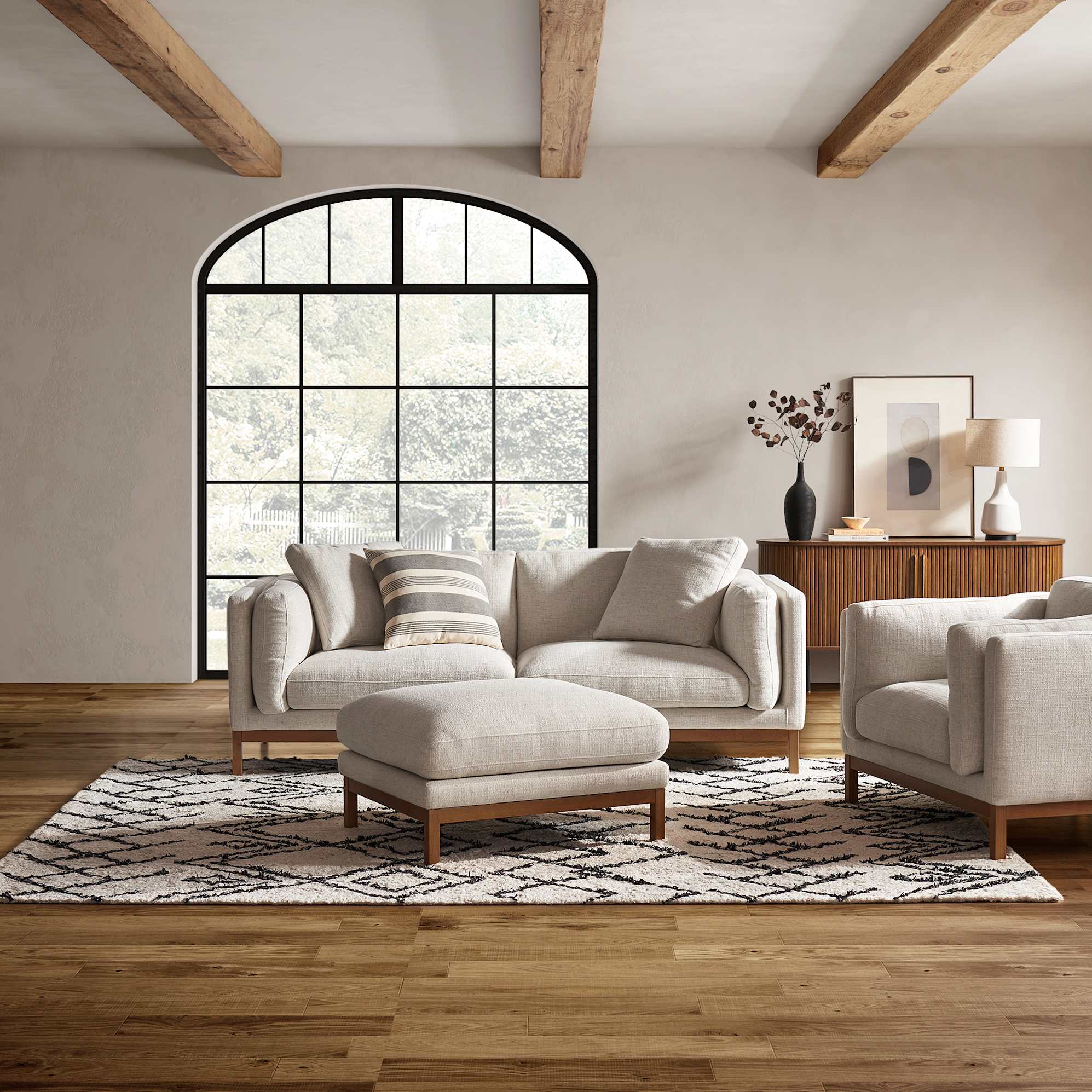 Owen Sofa with Ottoman, Opal Beige (Walnut Leg)