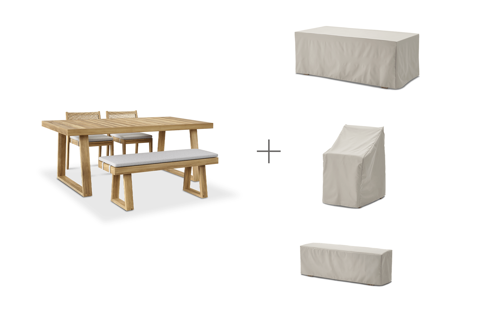 Rio Outdoor Teak Dining Table, 160cm and 2 Chairs and 130cm Bench with Ivory Cover
