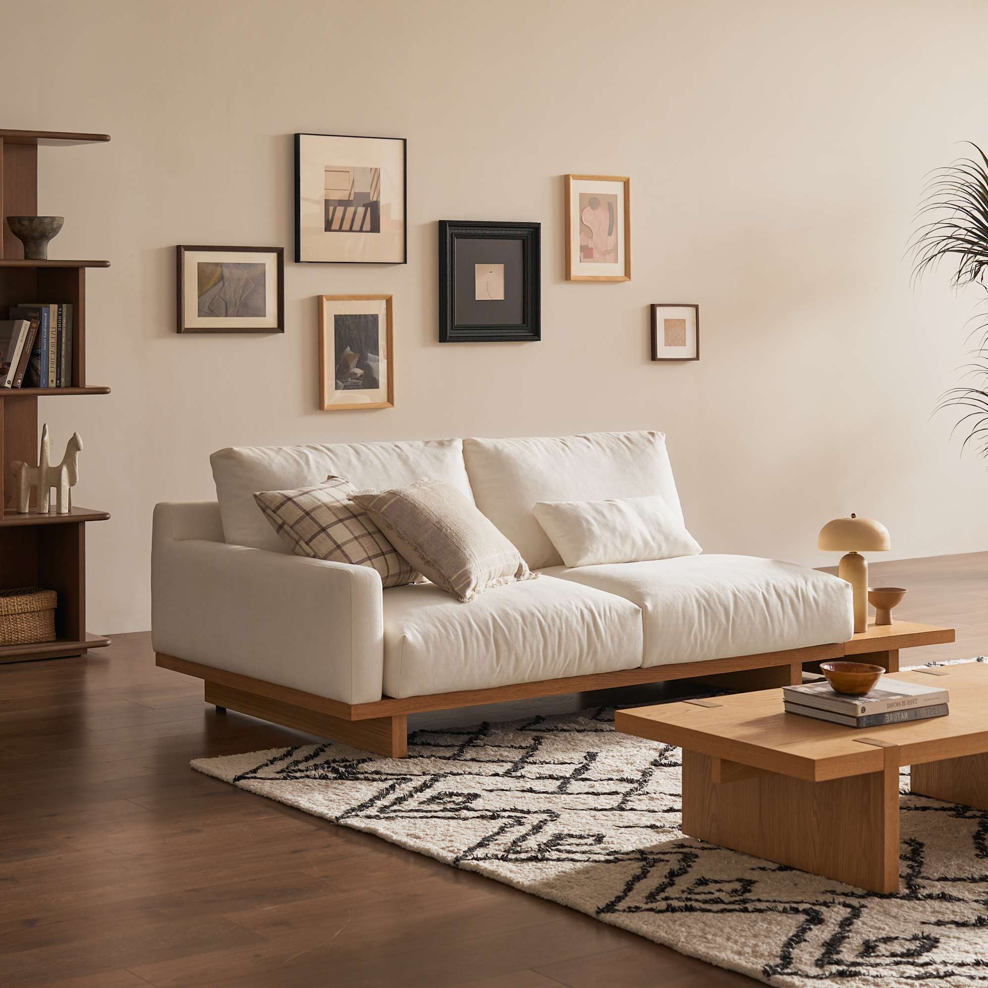Mori Left Facing 2 Seater Sofa with Side Table, (Performance Genova) Alpine (Natural) lifestyle