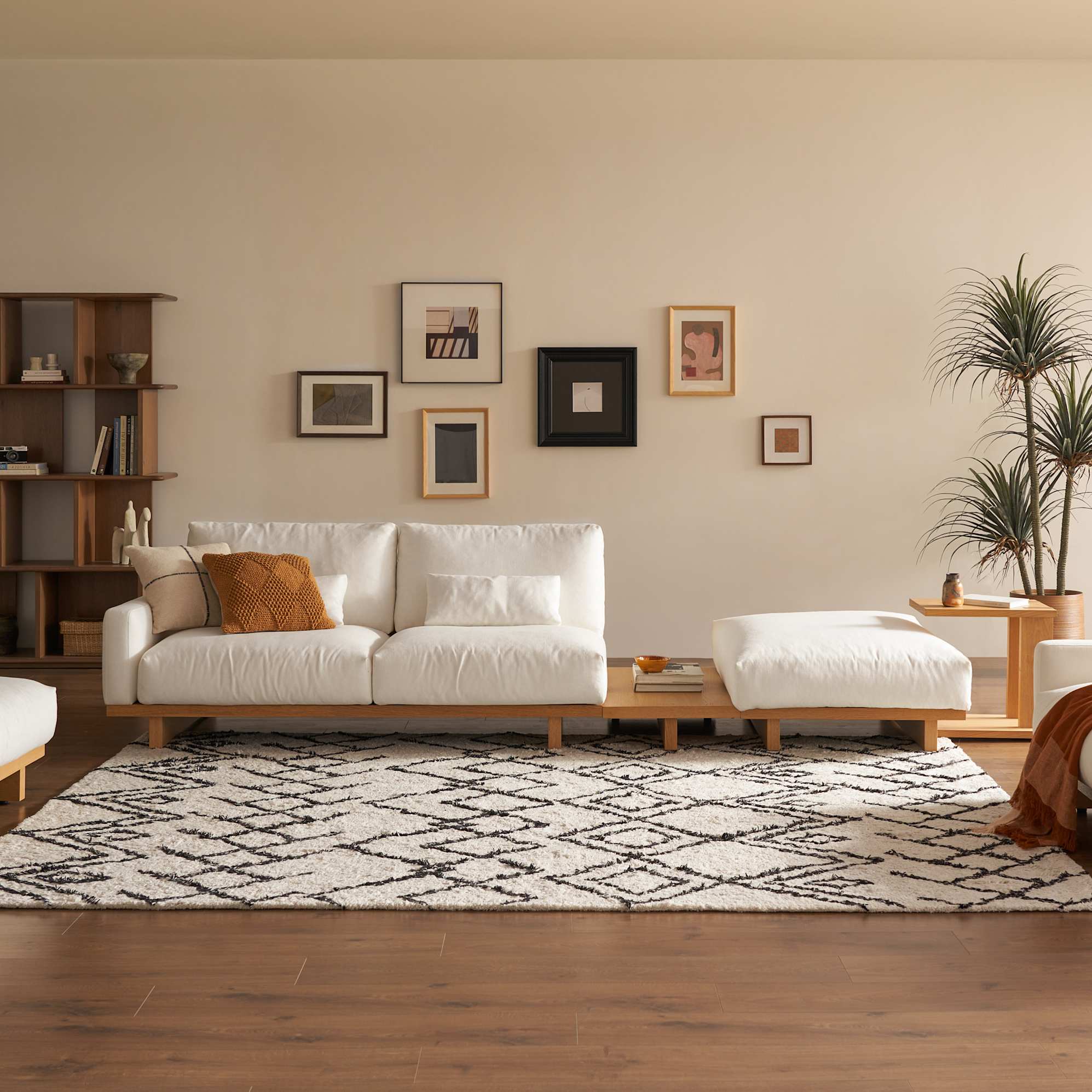 Mori Left Arm 2 Seater with Side Ottoman & Side Table, Performance Alpine lifestyle