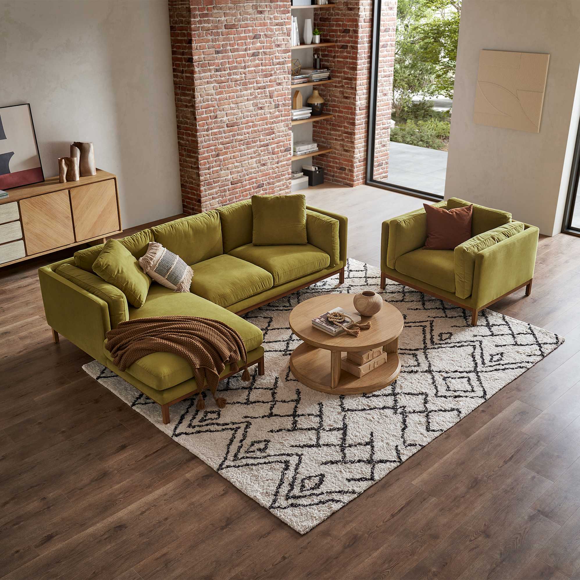 Owen Left Chaise Sectional Couch with Ottoman, Olive Gold Velvet (Walnut Leg)