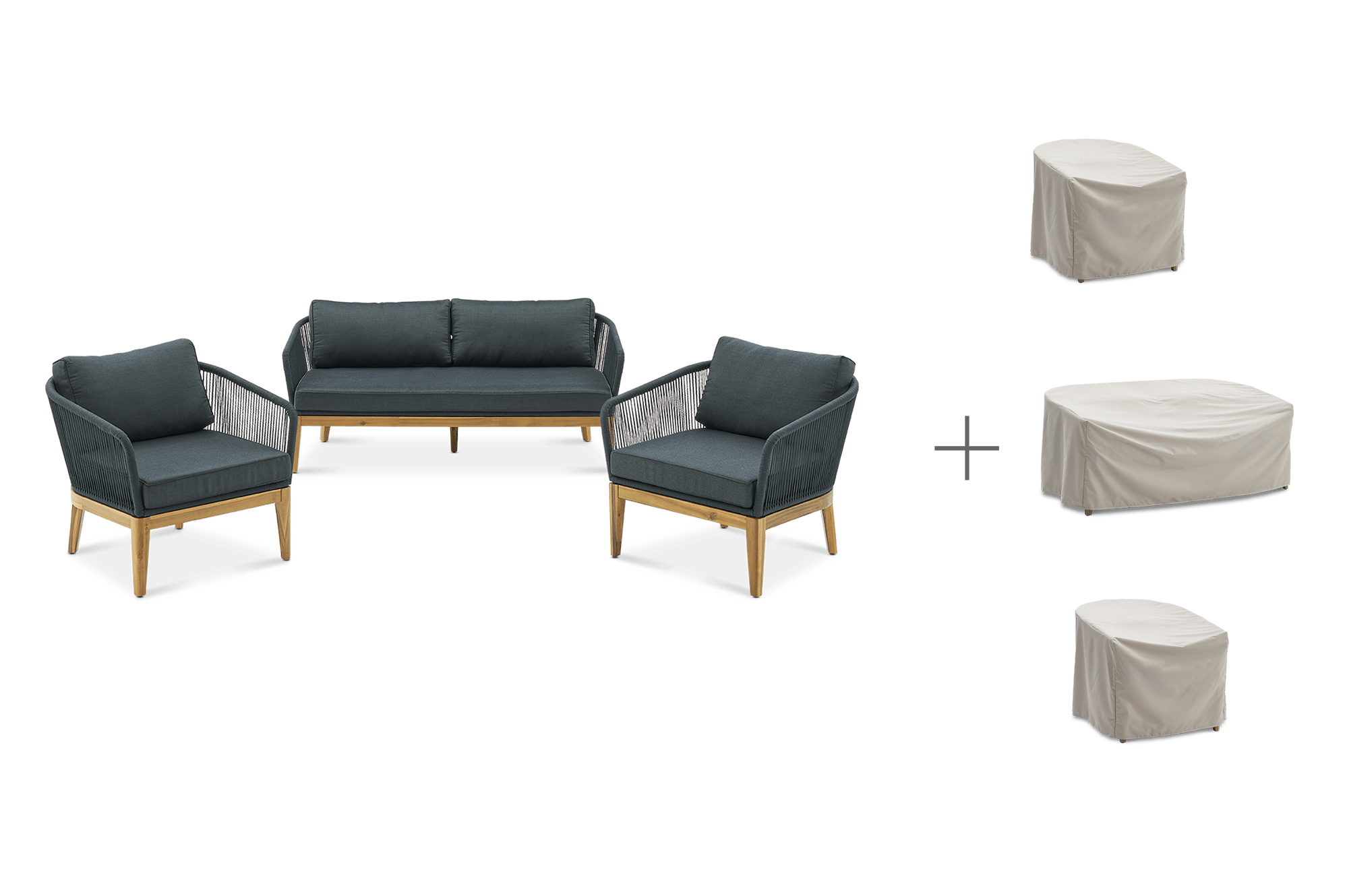 Maui Outdoor 2 Seater Sofa & 2 Lounge Chairs Set with Ivory Cover, Charcoal