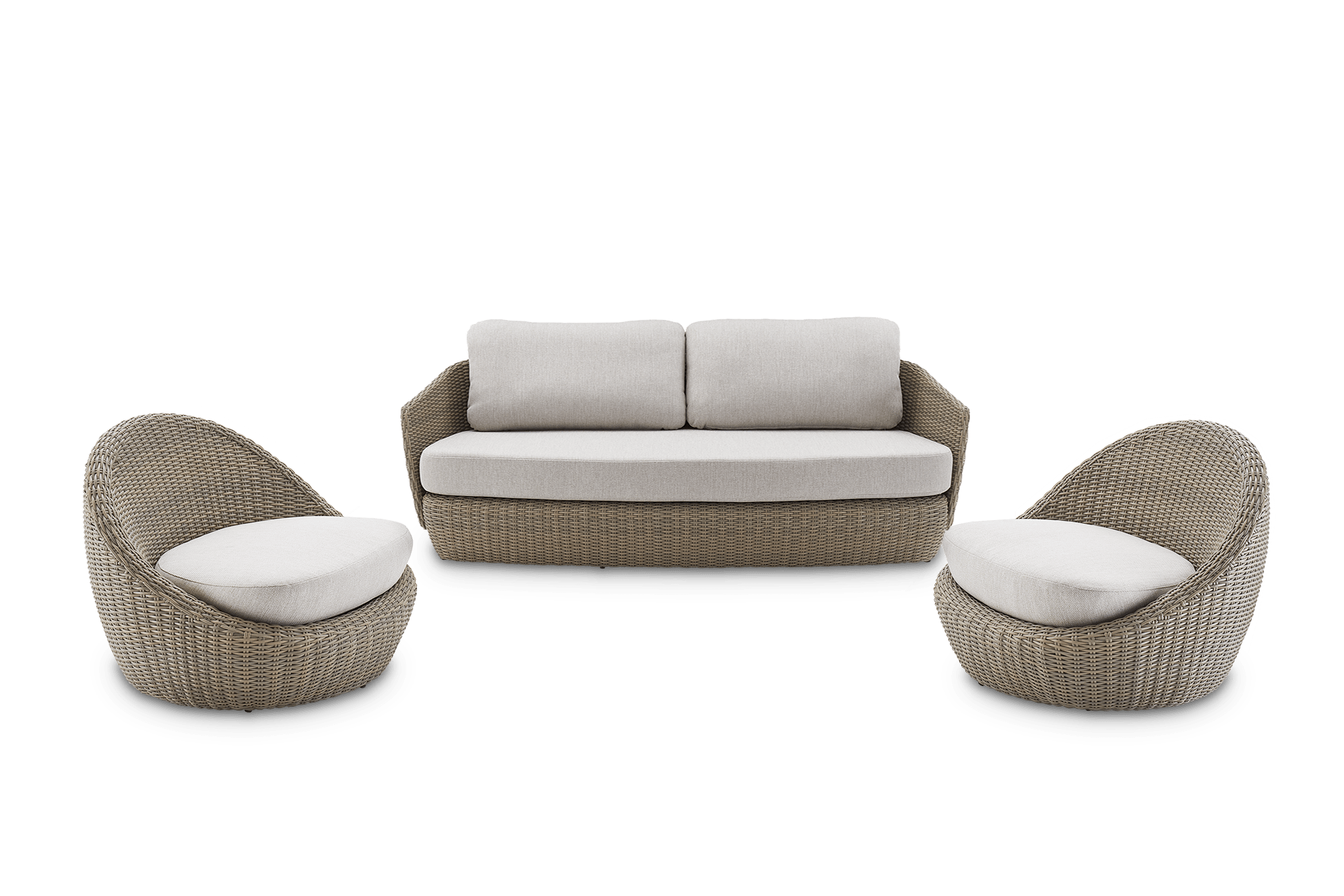 Malta Outdoor 2 Seater Sofa and 2 Swivel Lounge Chairs, Straw