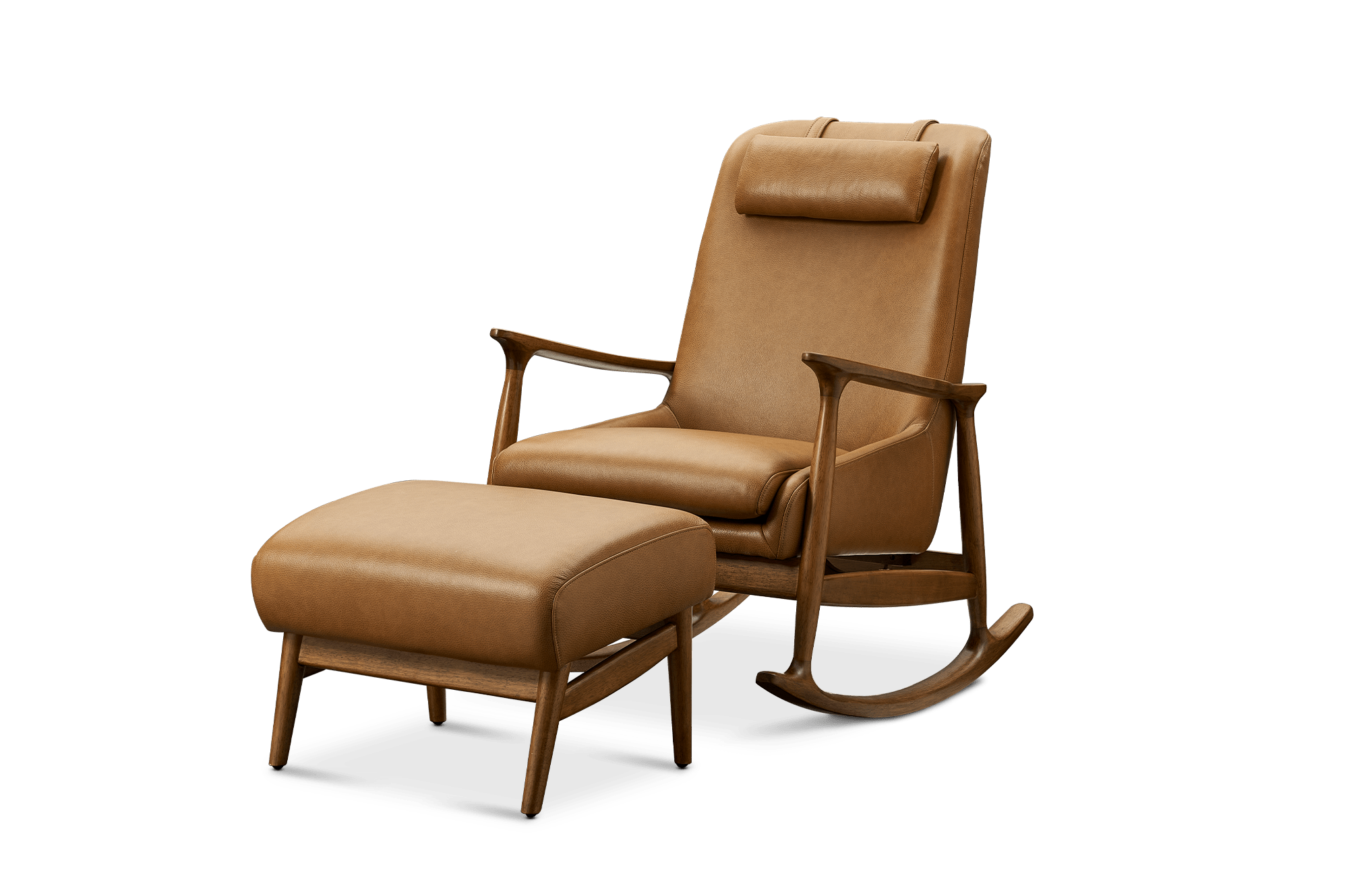 Desmond Leather Rocking Armchair with Ottoman, Caramel