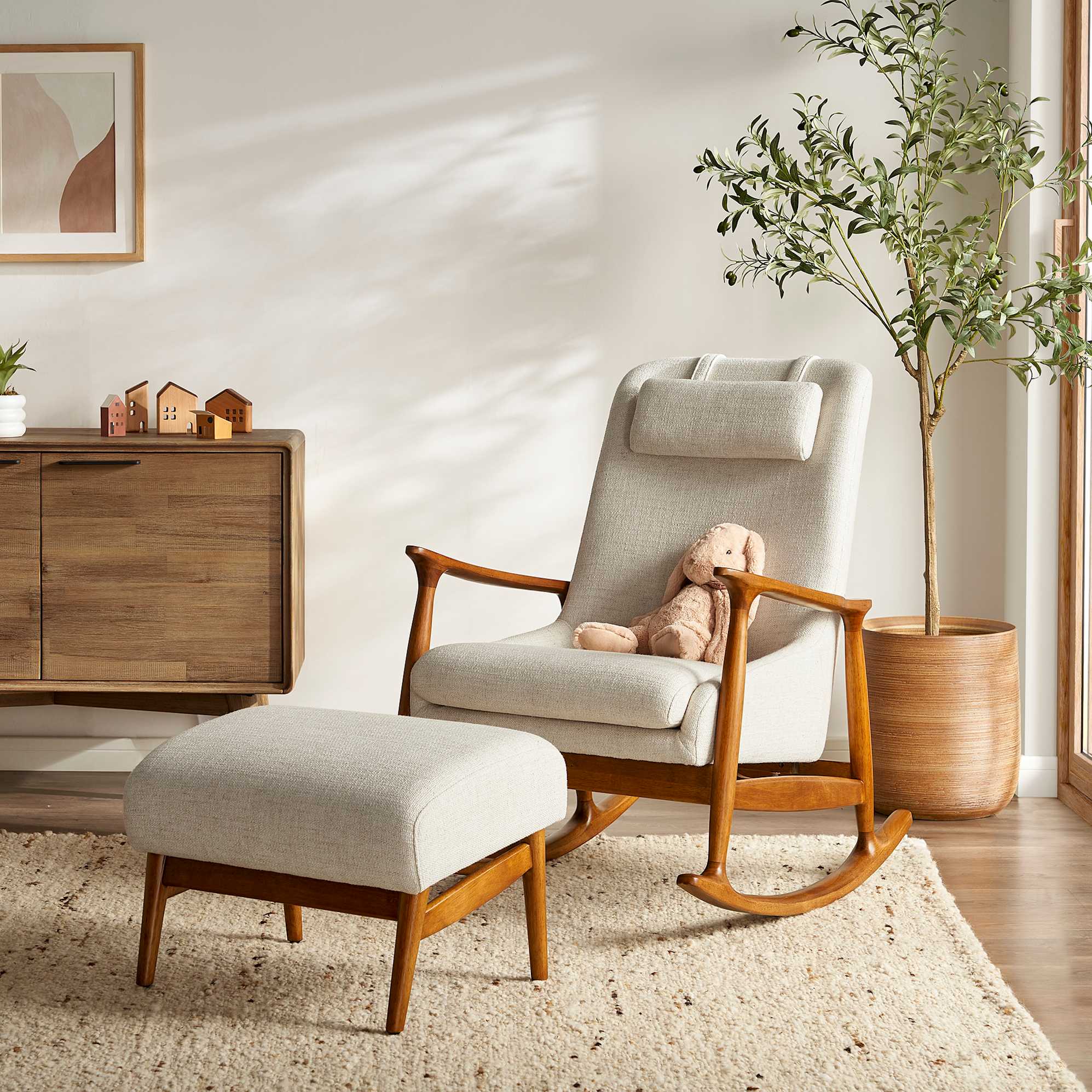 Desmond Rocking Armchair with Ottoman, (Performance Anderson) Cream lifestyle