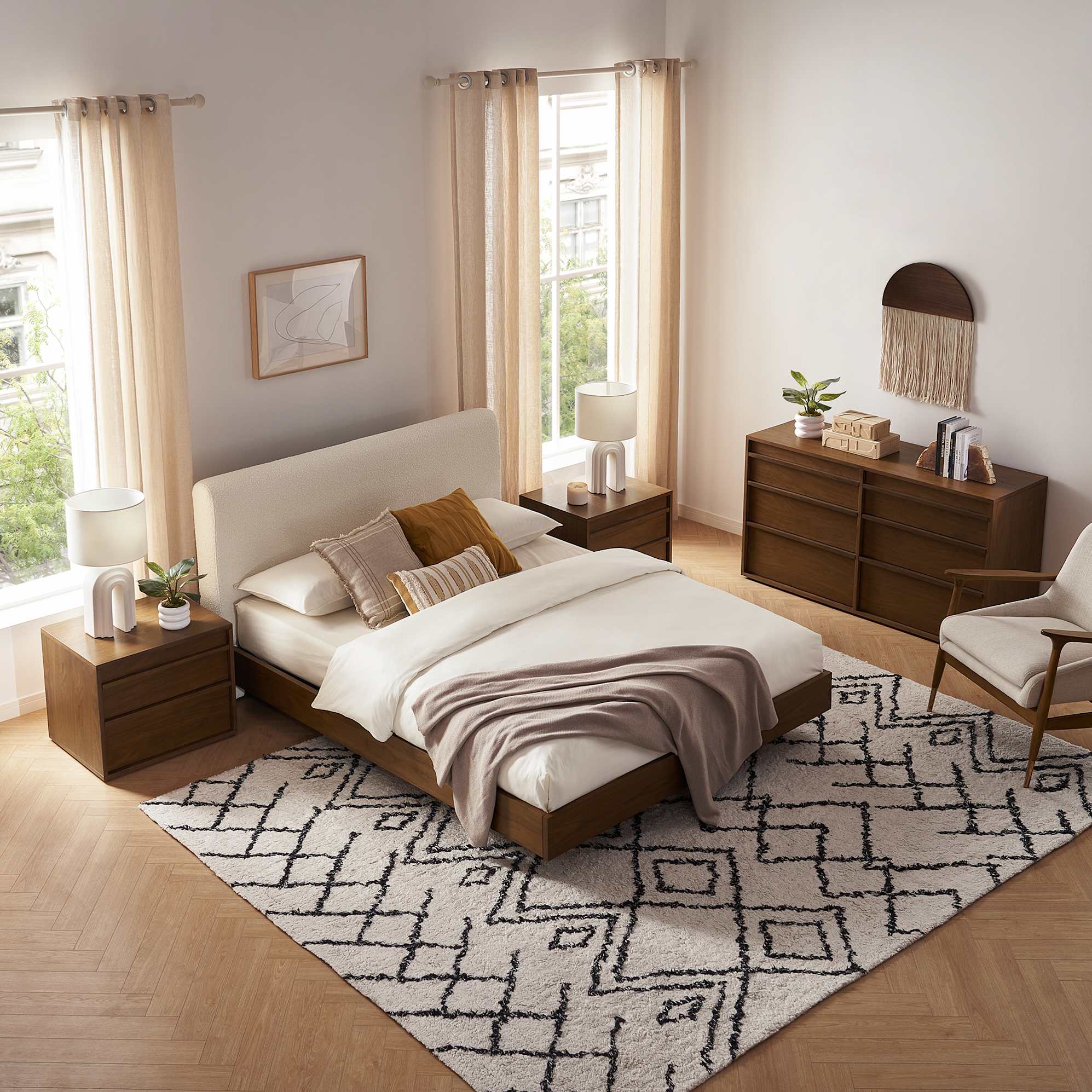 Joseph Queen Size Bed with 2 Nightstands & 6-Drawer Dresser Set, Snow Bouclé