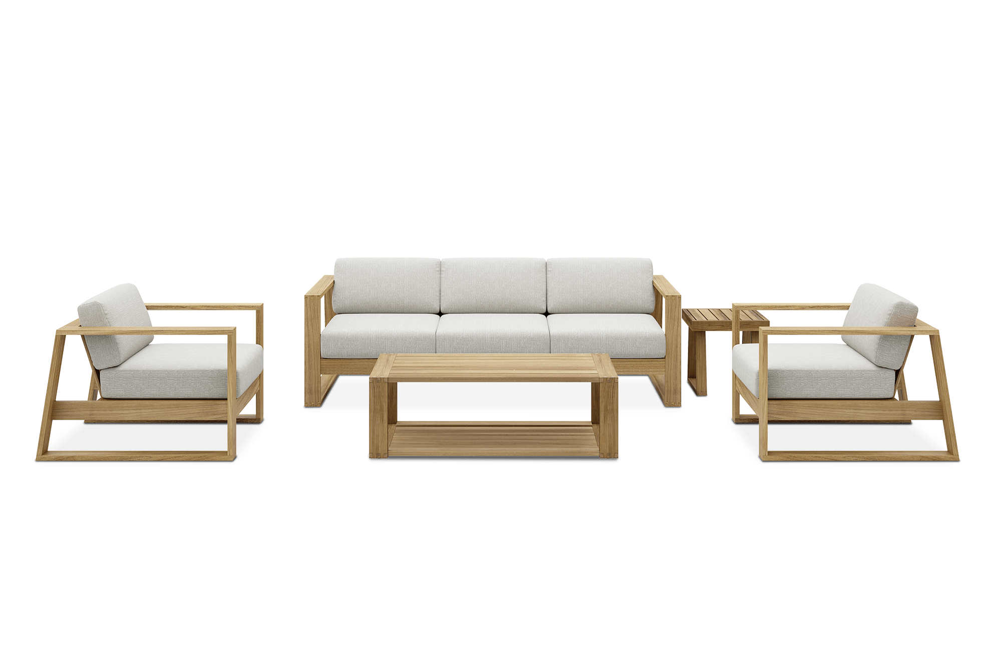 Rio Outdoor Teak Sofa, 2 Lounge Chairs, Box Coffee Table & Square Side Table, Natural Beige