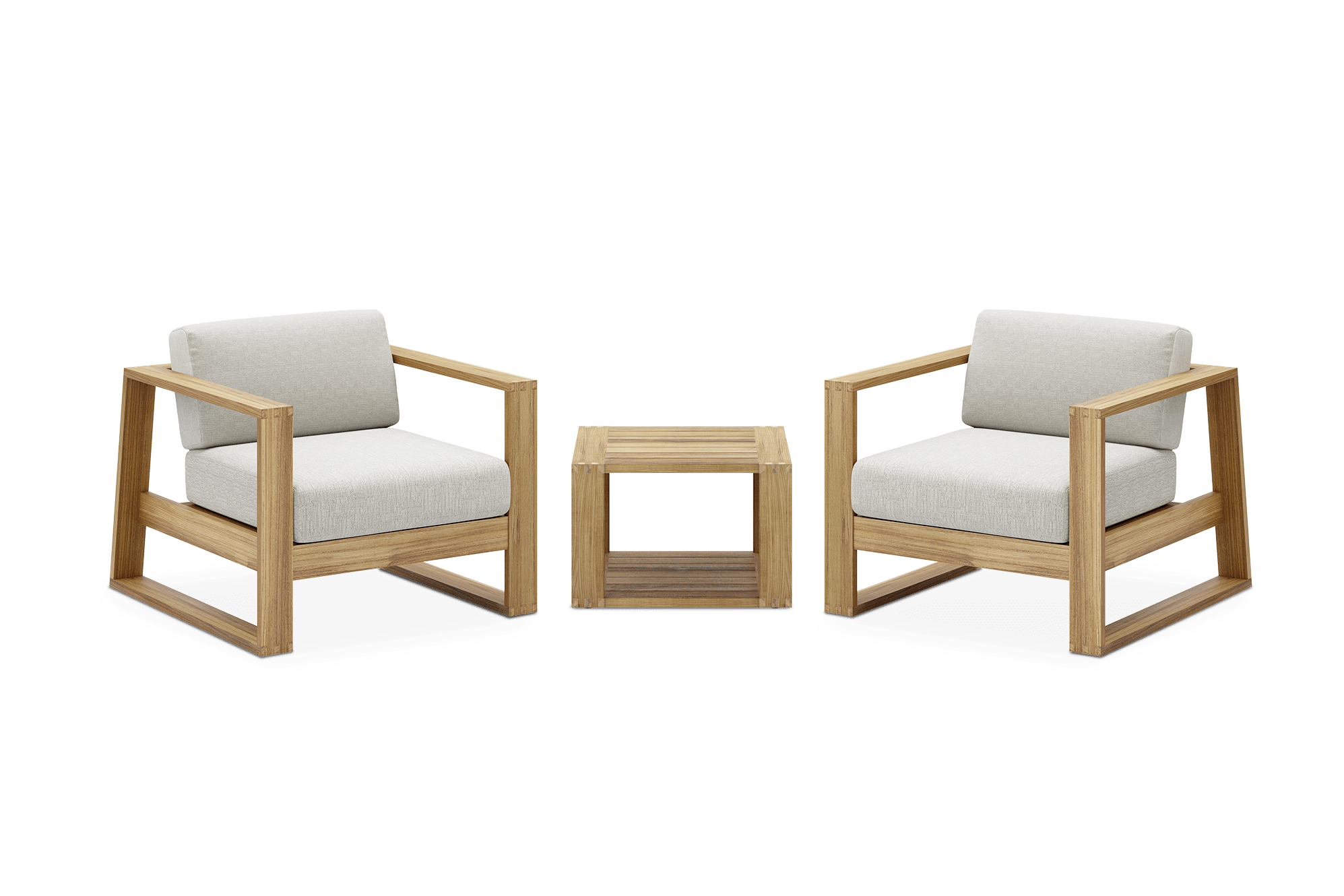 Rio Outdoor Teak 2 Lounge Chairs with Box Side Table (Treated Version), Natural Beige