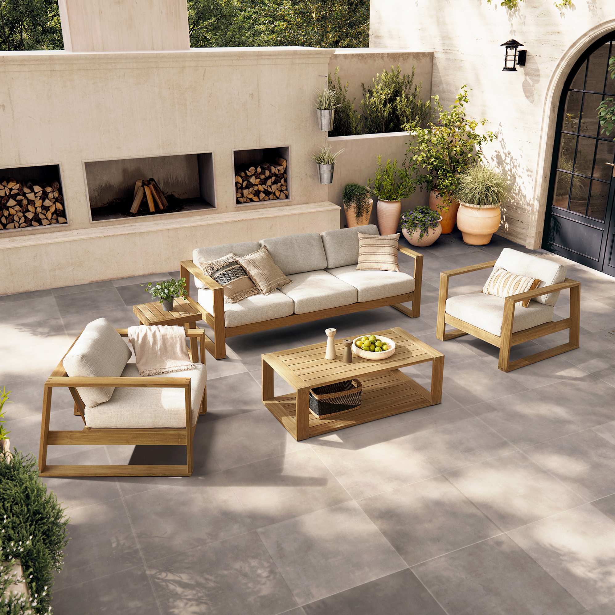 Rio Outdoor Teak 3 Seater Sofa, 2 Lounge Chairs & Box Coffee Table (Treated Version) with Ivory Cover, Natural Beige lifestyle